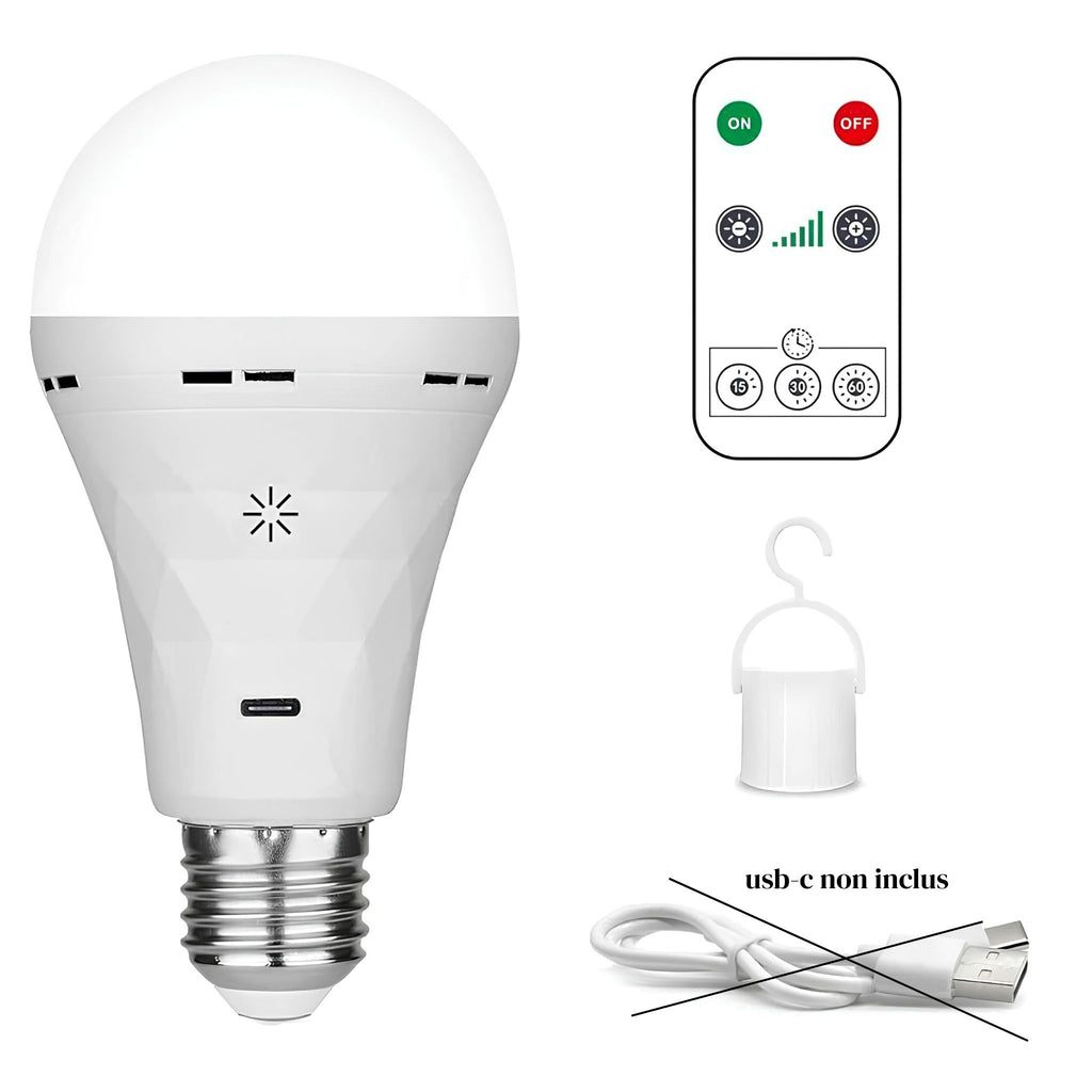 Contenu du colis NOVA : ampoule rechargeable, télécommande, support à crochet et câble USB-C