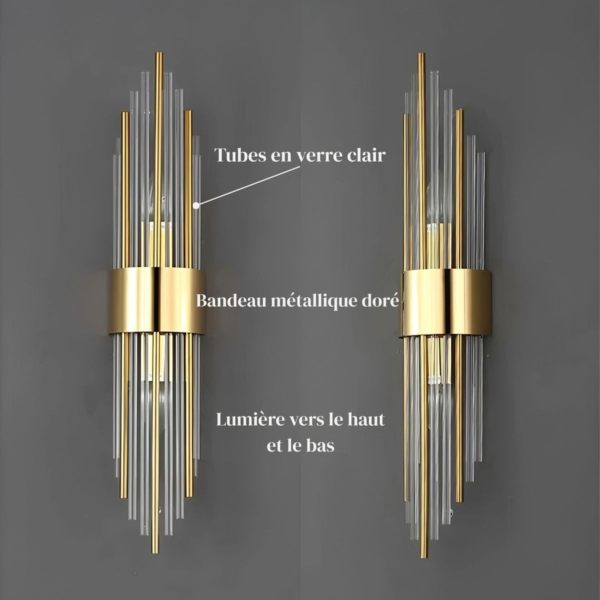 Applique murale LYRA : tubes en verre clair, bandeau métallique doré, lumière vers le haut et le bas