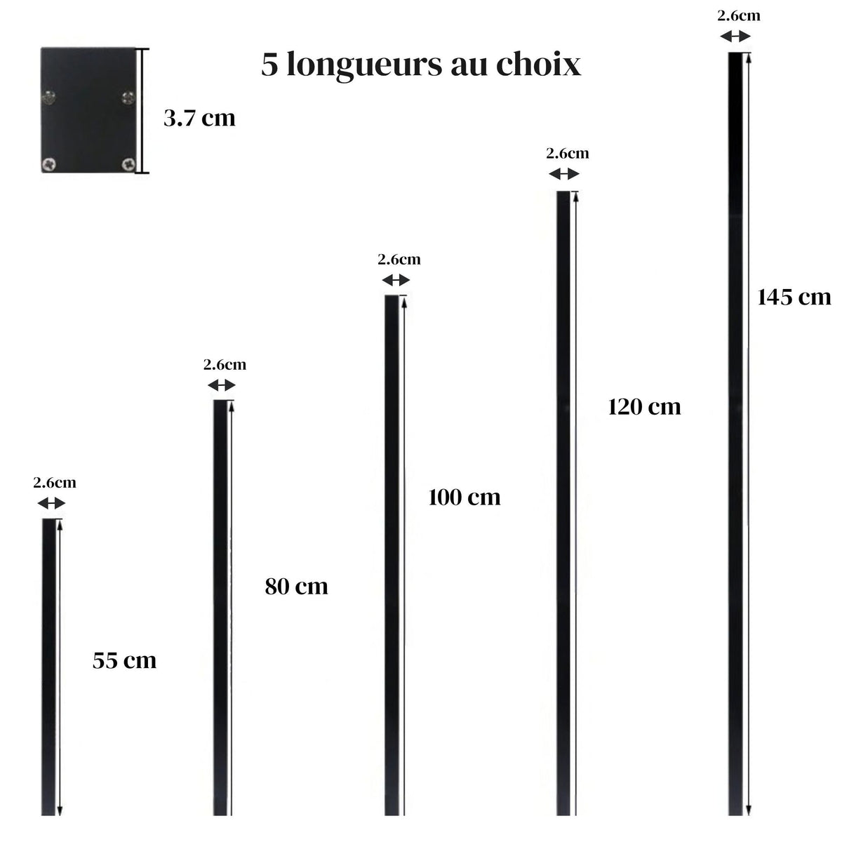 Les 5 longueurs de l'applique murale LED VERA : 55, 80, 100, 120 et 145 cm