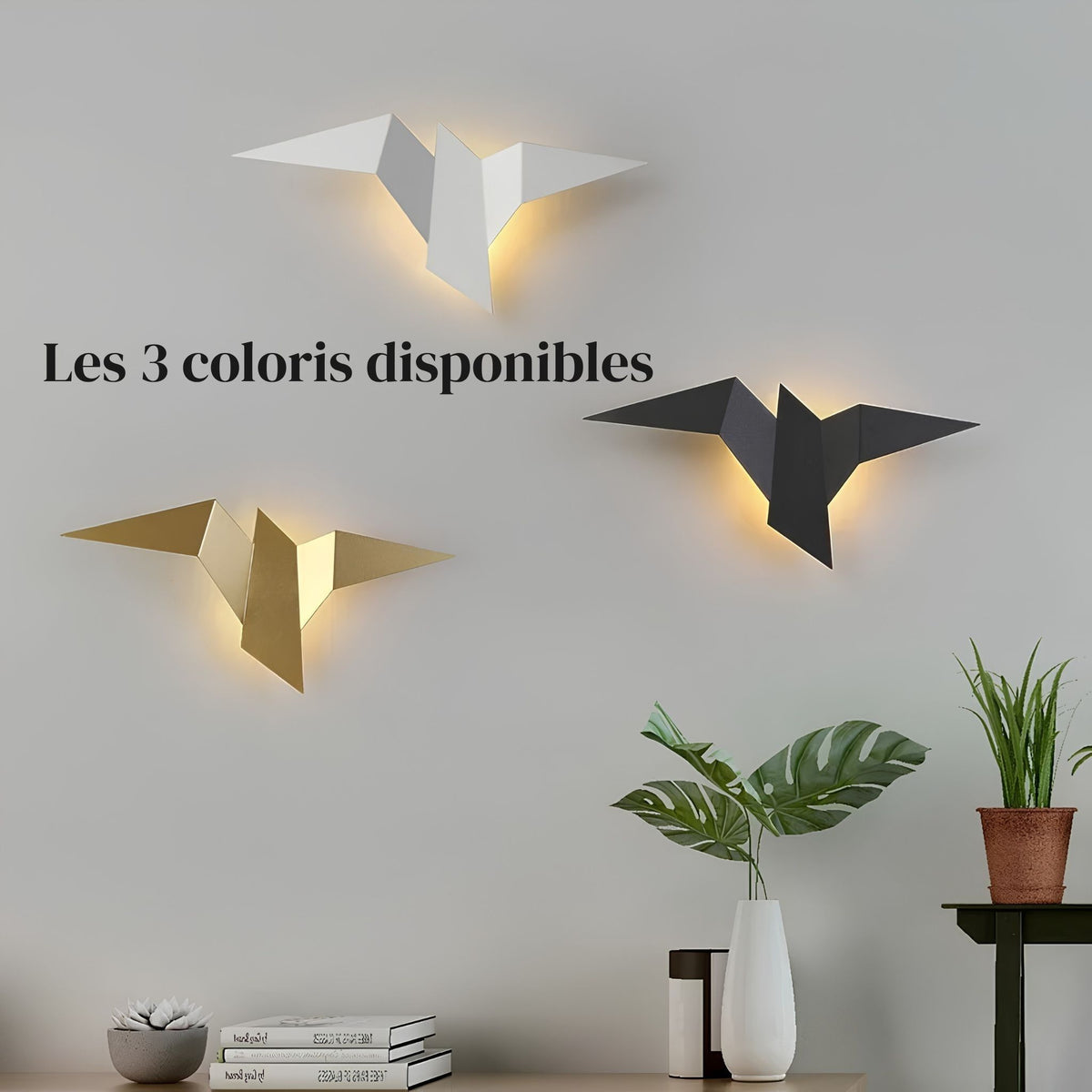 Appliques murales oiseau ARIA dans les 3 coloris : noir mat, blanc mat et doré