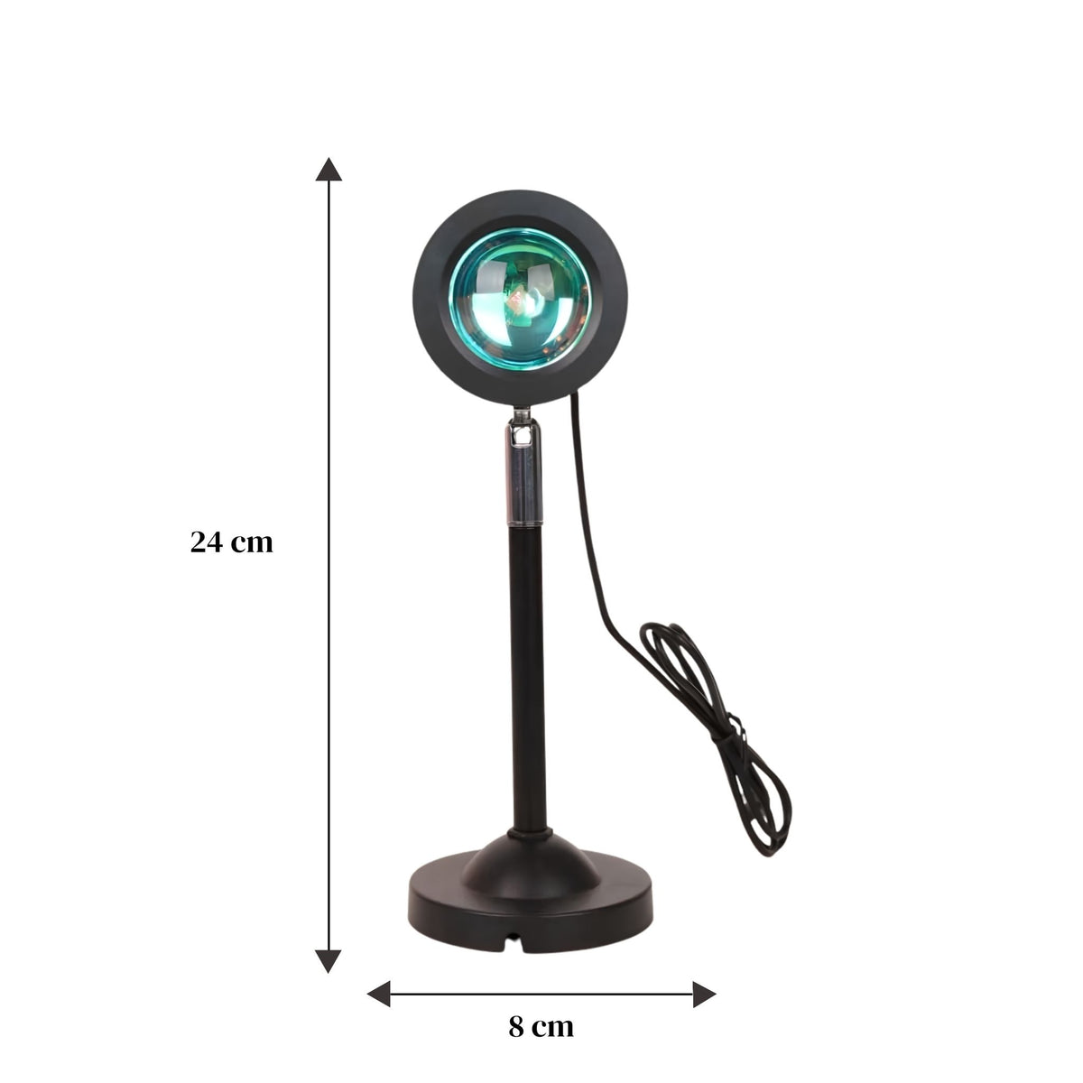 Dimensions de la lampe projecteur coucher de soleil SUNSET avec sa base et son câble USB