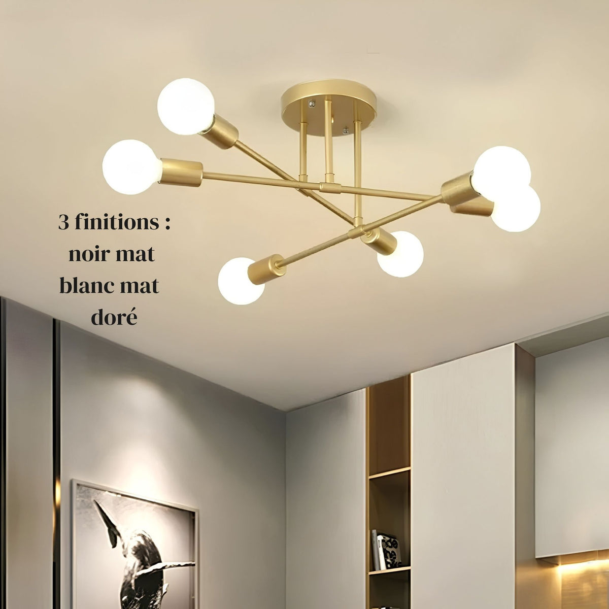 Lustre Sputnik ZORA doré, disponible en noir mat, blanc mat et doré