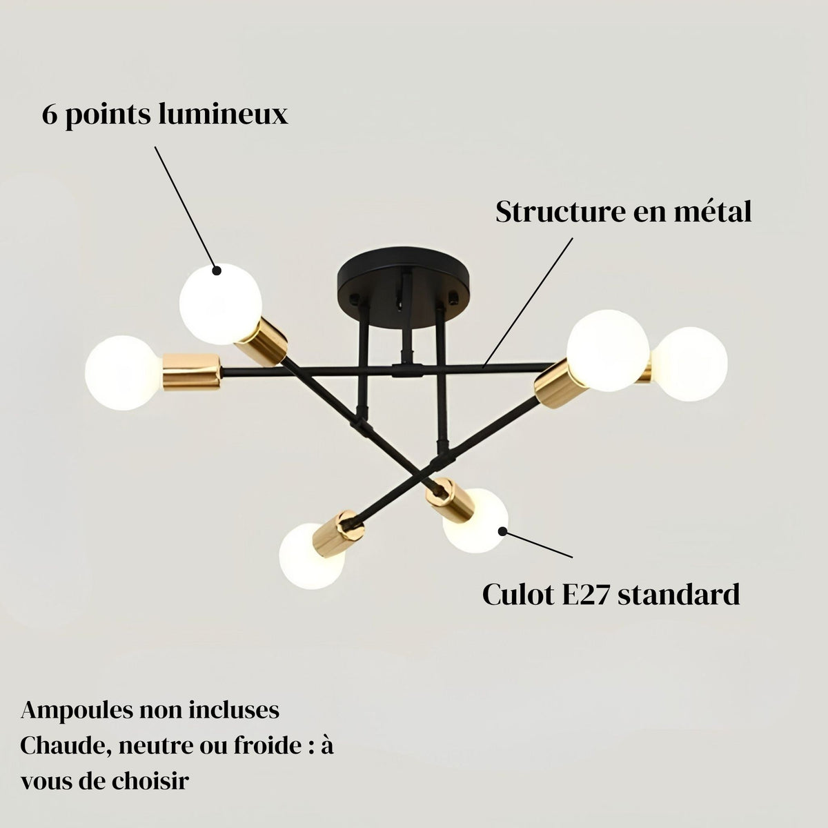 Lustre Sputnik ZORA : 6 points lumineux, structure en métal, culot E27, ampoules non incluses