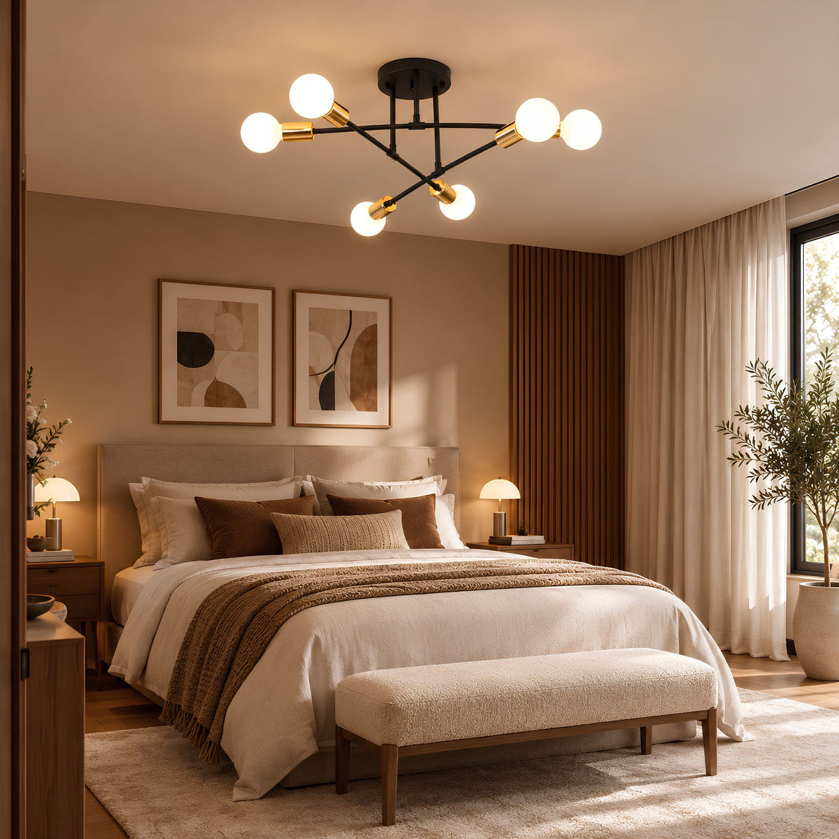 Lustre Sputnik 6 lumières ZORA noir allumé dans une chambre