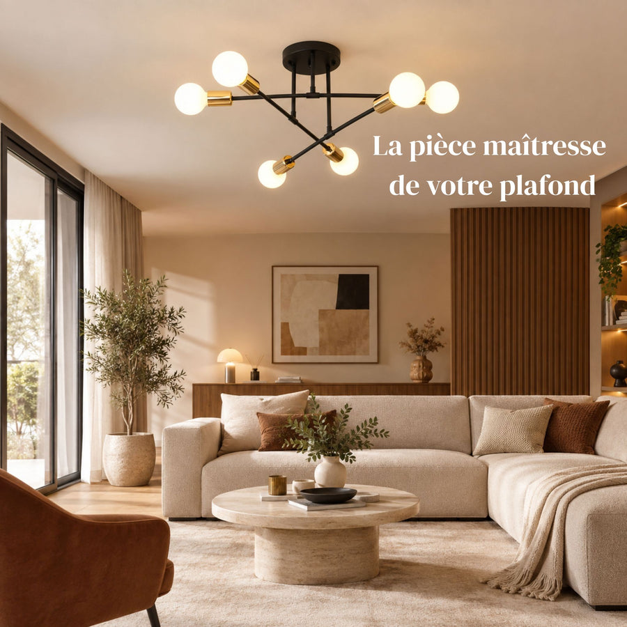 Lustre Sputnik ZORA noir allumé au plafond d'un salon