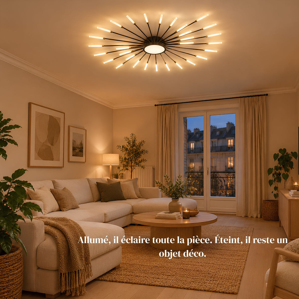 Plafonnier feu d’artifice ASTRA Ø 128 cm allumé au plafond d’un grand salon