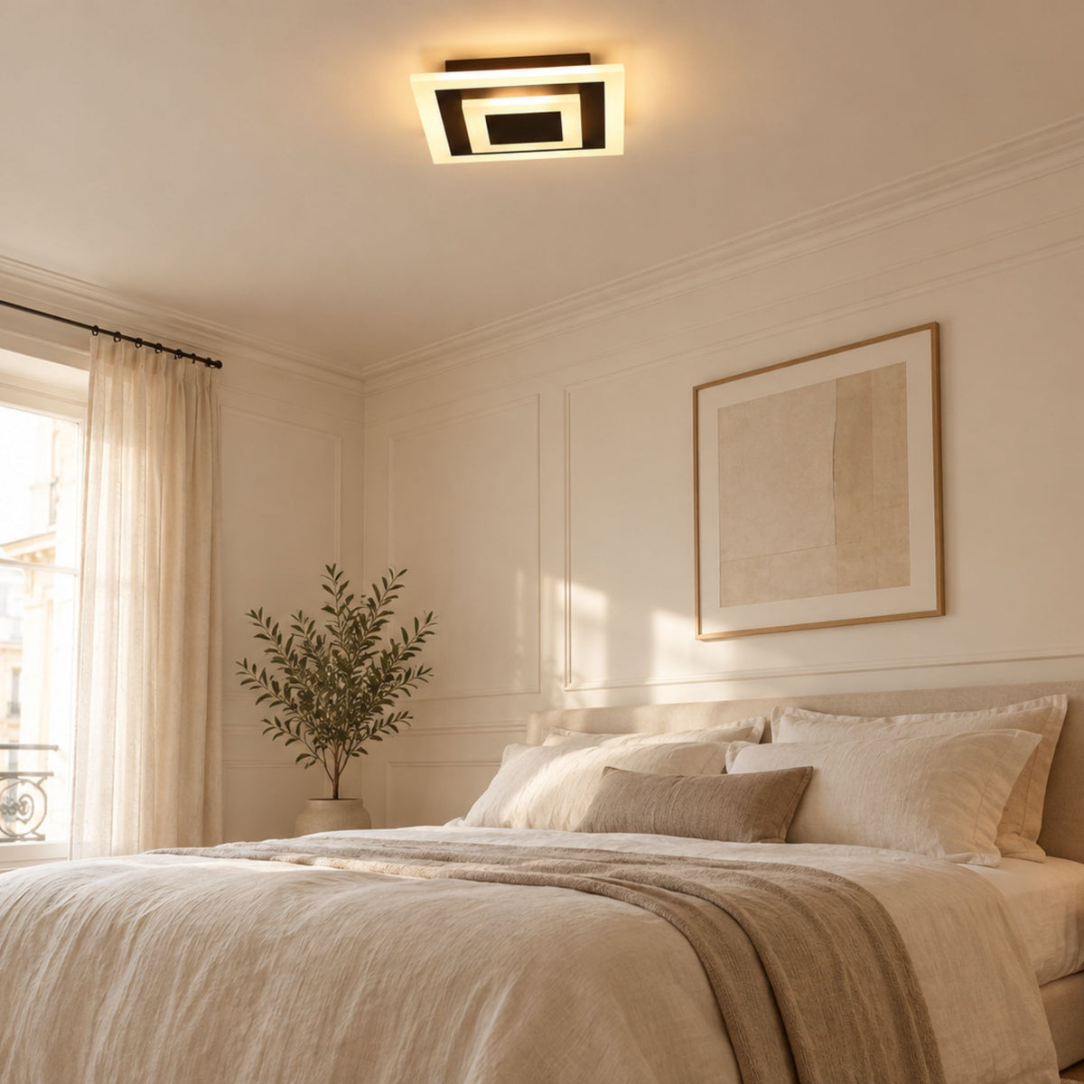 Plafonnier LED carré noir KORA à motifs superposés allumé dans une chambre