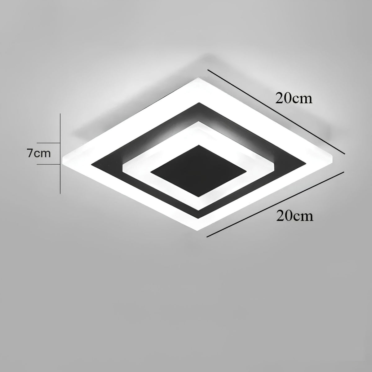 Dimensions du plafonnier LED carré KORA noir : 20 x 20 cm