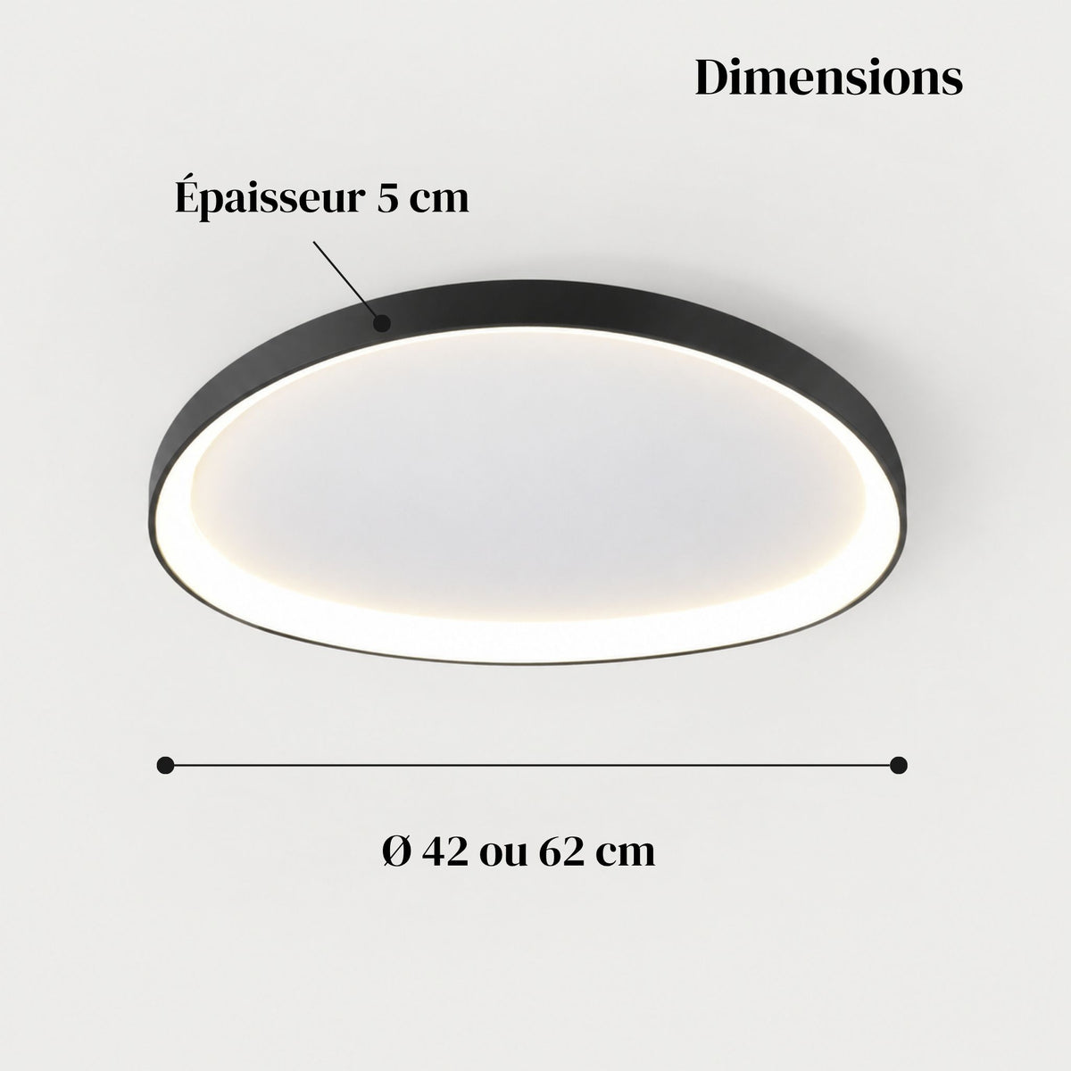 Dimensions du plafonnier NUBA galet : Ø 42 ou 62 cm, épaisseur 5 cm