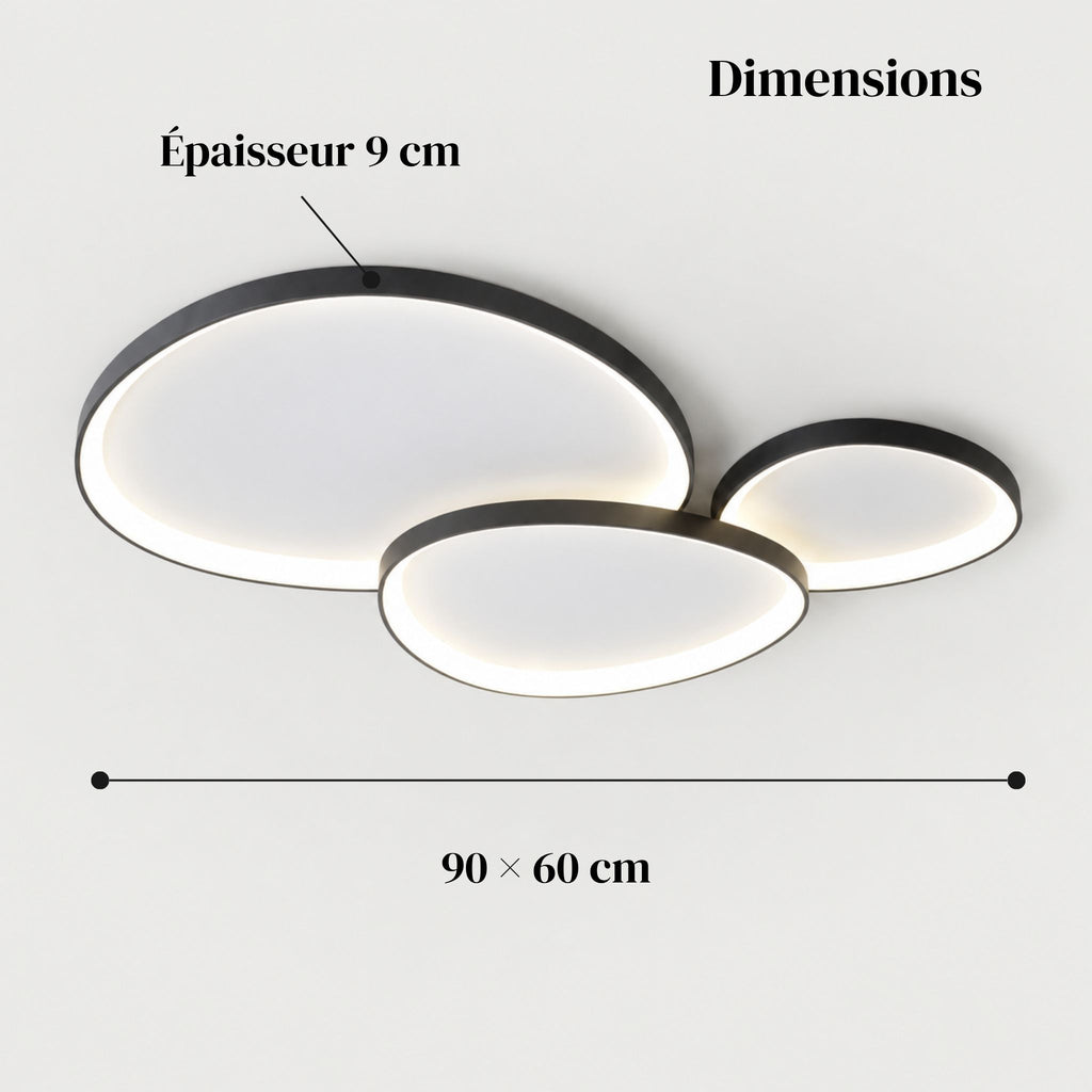 Dimensions du plafonnier NUBA trio : 90 × 60 cm, épaisseur 9 cm