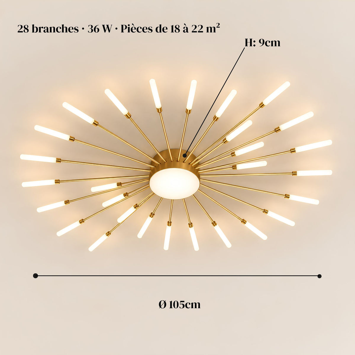 Dimensions du plafonnier feu d’artifice ASTRA doré : Ø 105 cm, 9 cm d’épaisseur, 28 branches