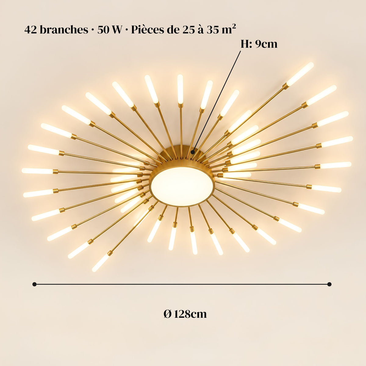 Dimensions du plafonnier feu d’artifice ASTRA doré : Ø 128 cm, 9 cm d’épaisseur, 42 branches