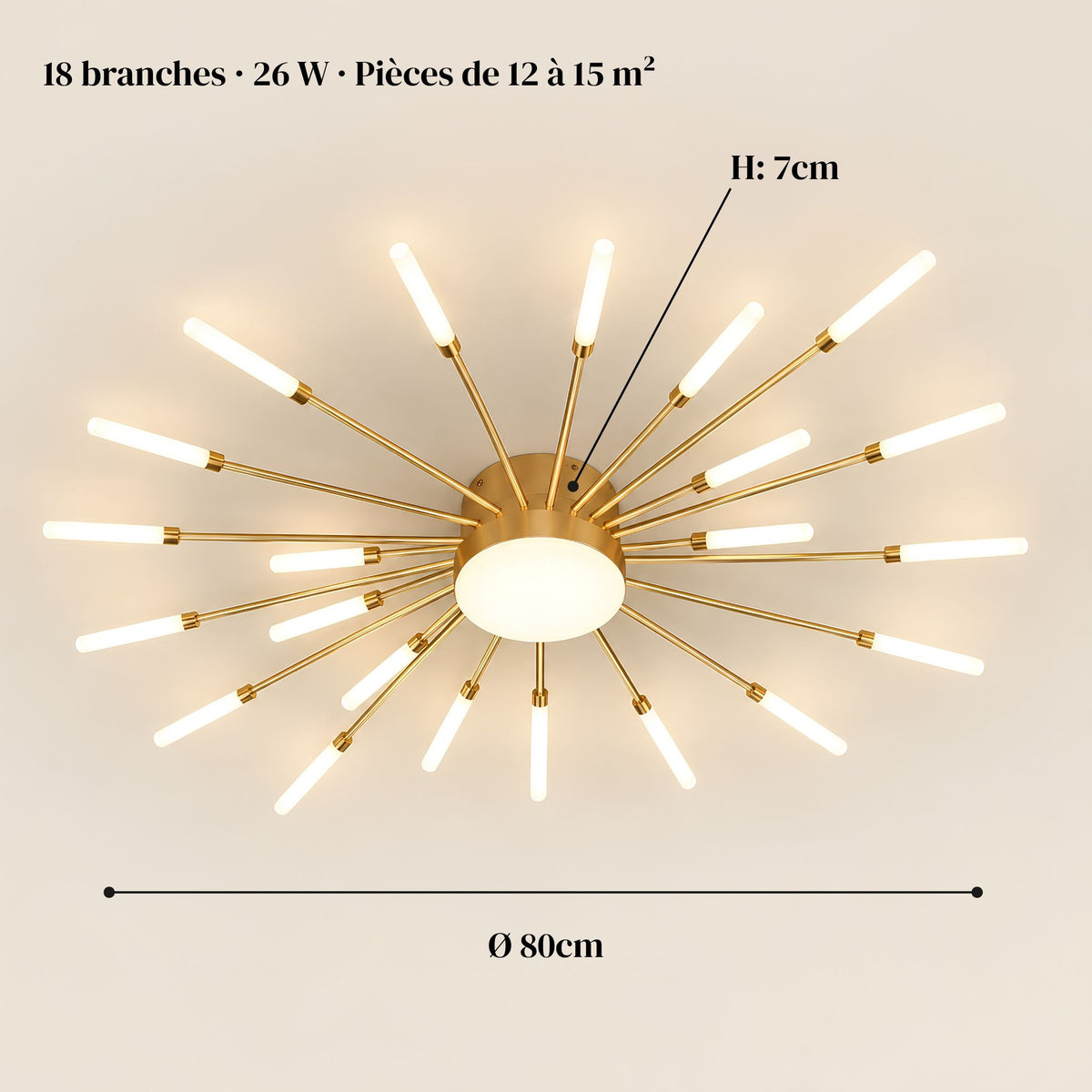 Dimensions du plafonnier feu d’artifice ASTRA doré : Ø 80 cm, 7 cm d’épaisseur, 18 branches