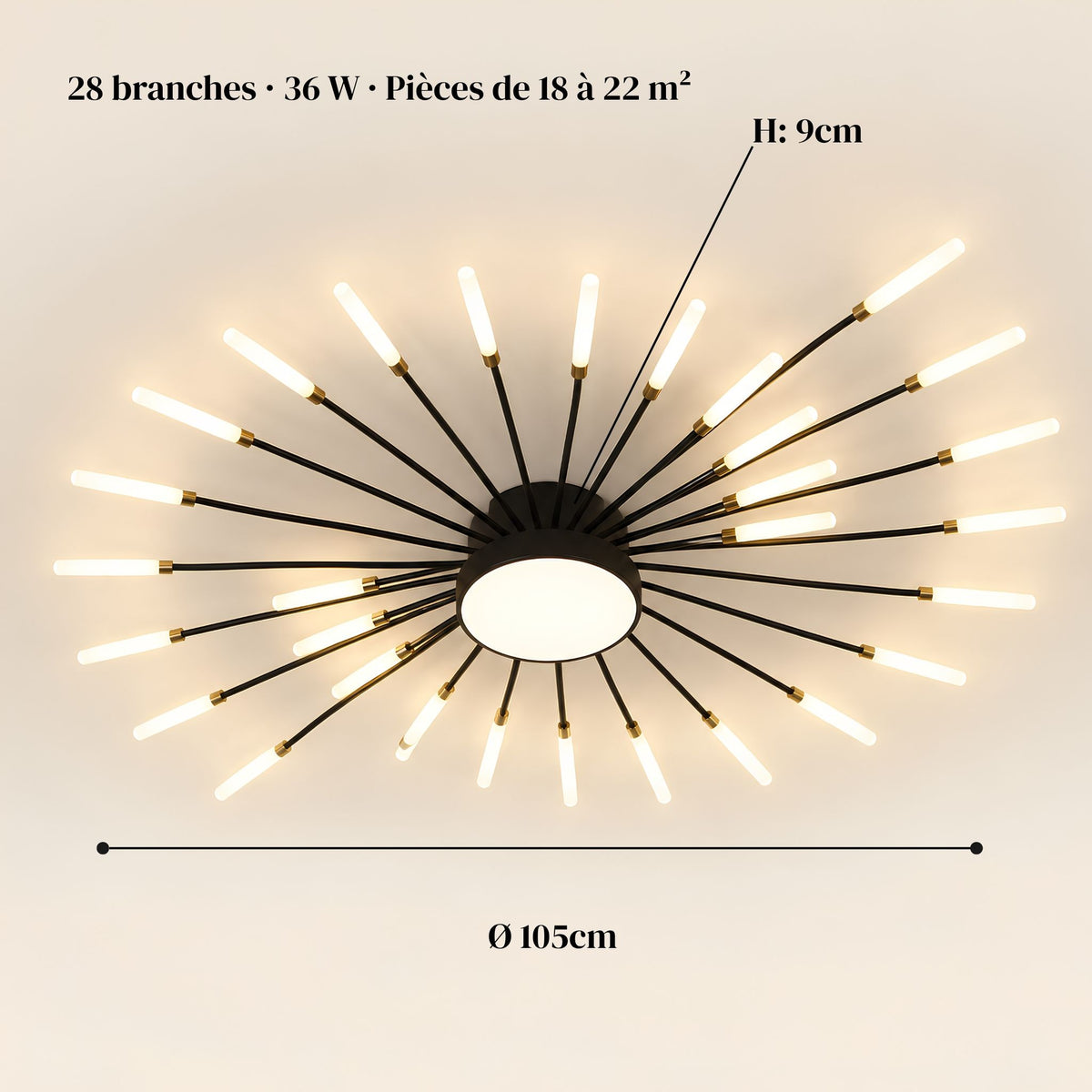 Dimensions du plafonnier feu d’artifice ASTRA noir : Ø 105 cm, 9 cm d’épaisseur, 28 branches