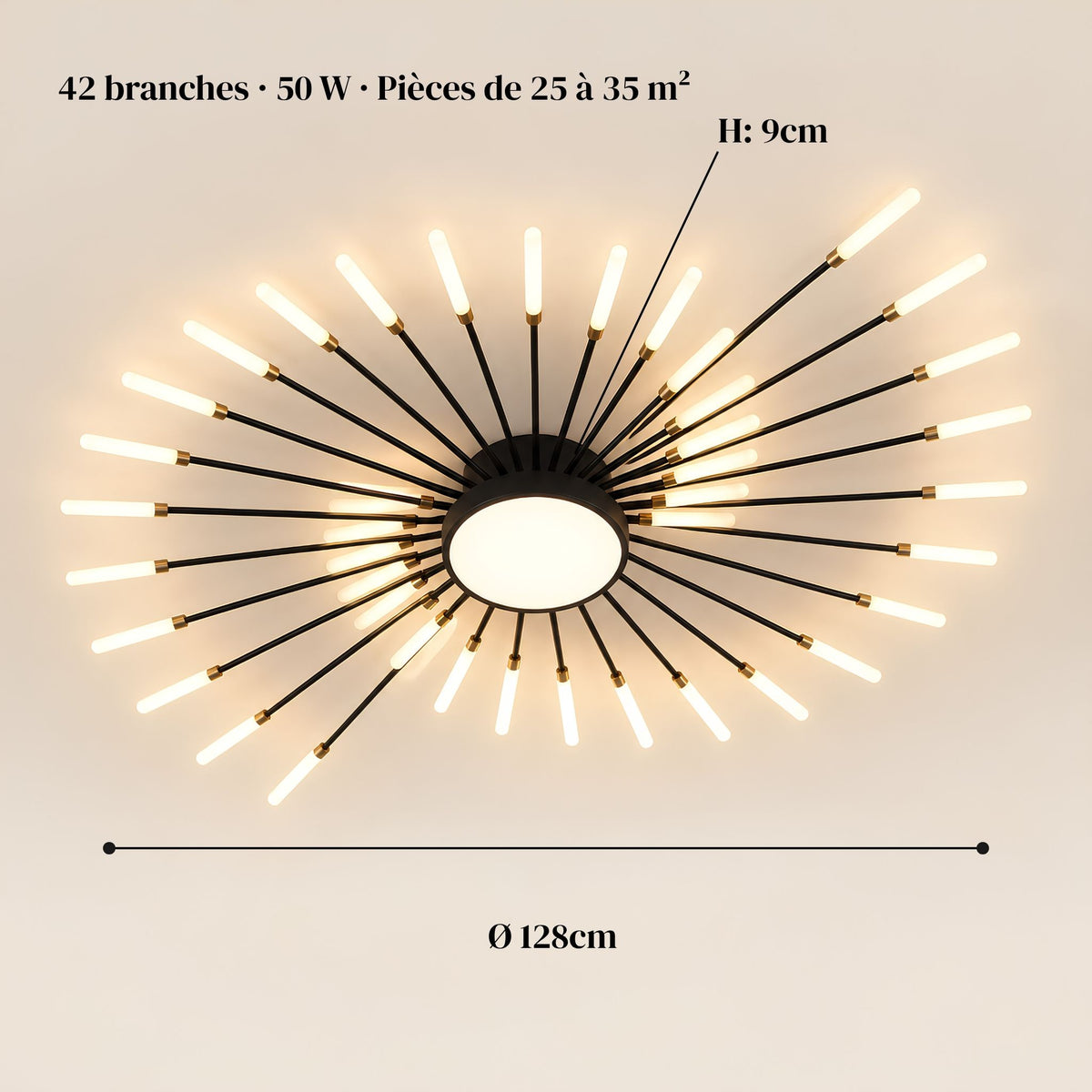 Dimensions du plafonnier feu d’artifice ASTRA noir : Ø 128 cm, 9 cm d’épaisseur, 42 branches