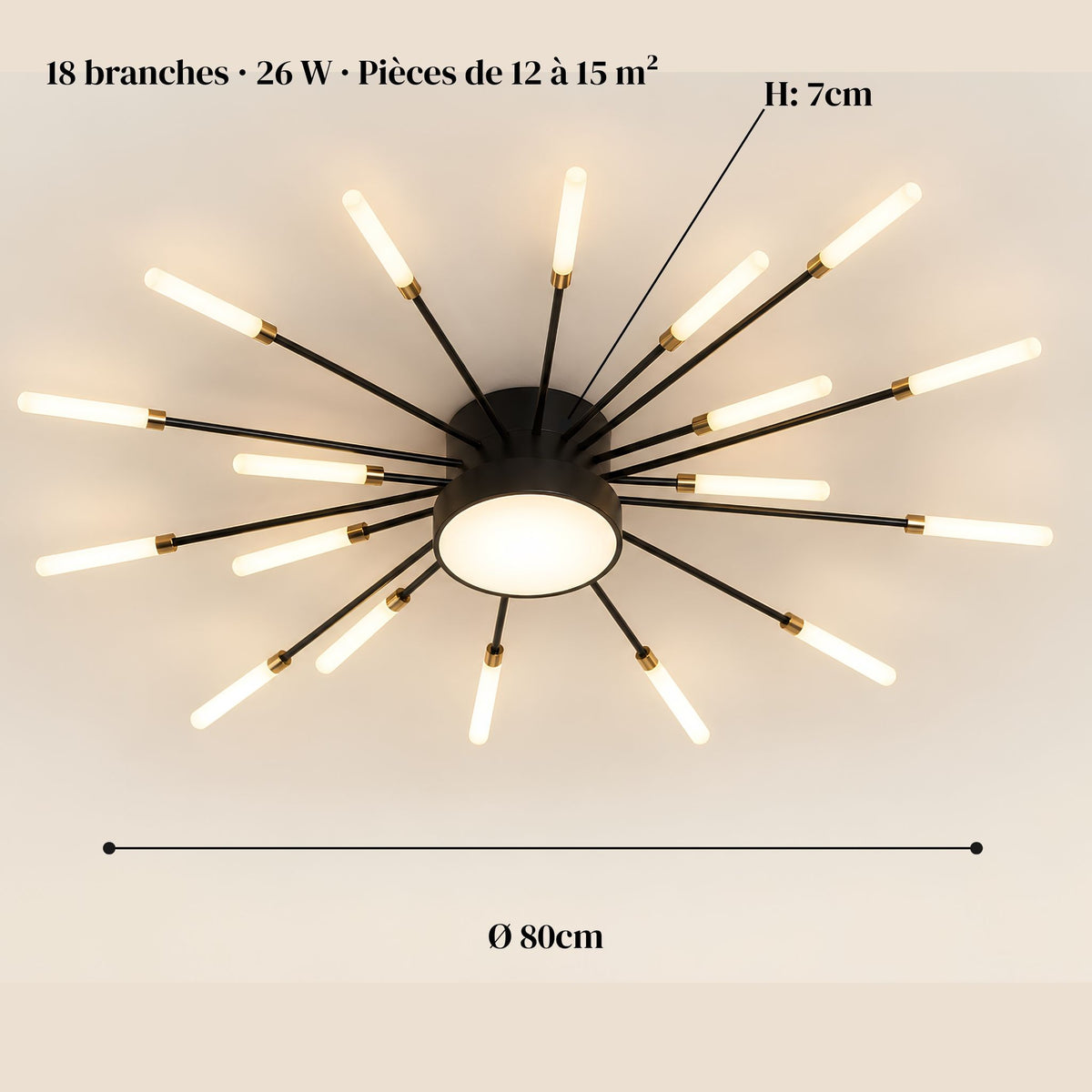 Dimensions du plafonnier feu d’artifice ASTRA noir : Ø 80 cm, 7 cm d’épaisseur, 18 branches