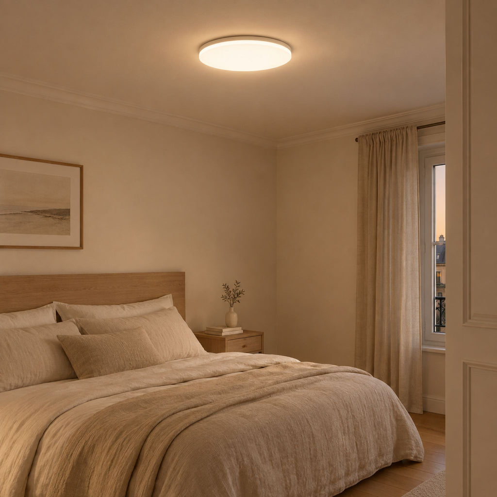 Plafonnier LED rond extra-plat NOLA allumé en blanc chaud au plafond d'une chambre