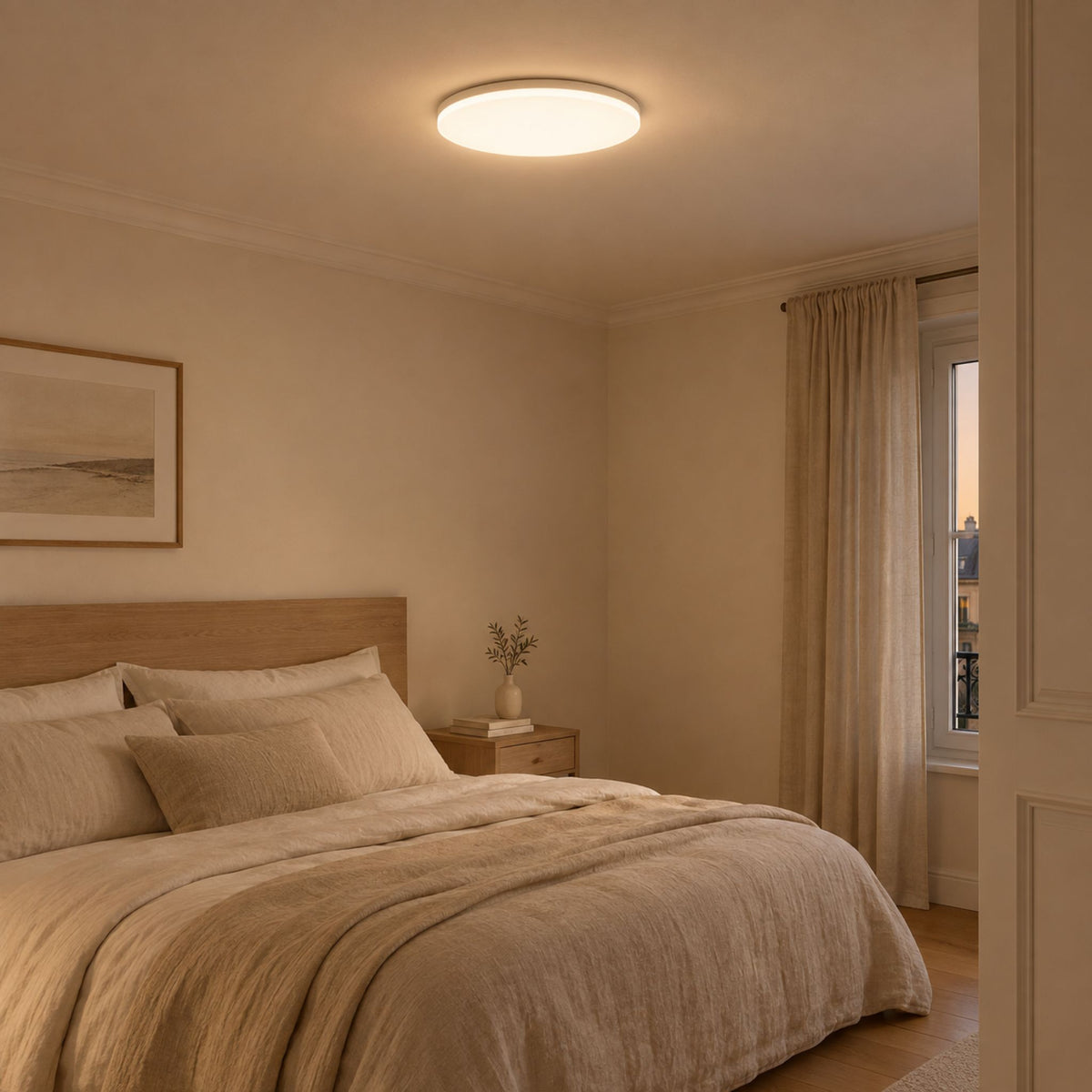 Plafonnier LED rond extra-plat NOLA allumé en blanc chaud au plafond d'une chambre