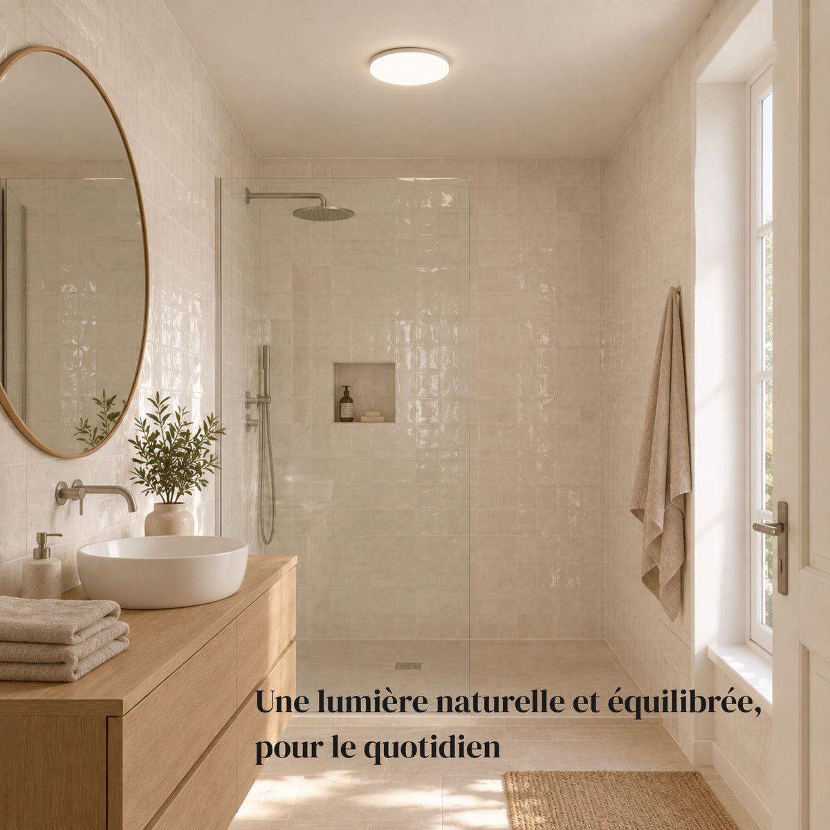 Plafonnier LED rond NOLA allumé au plafond d'une salle de bain