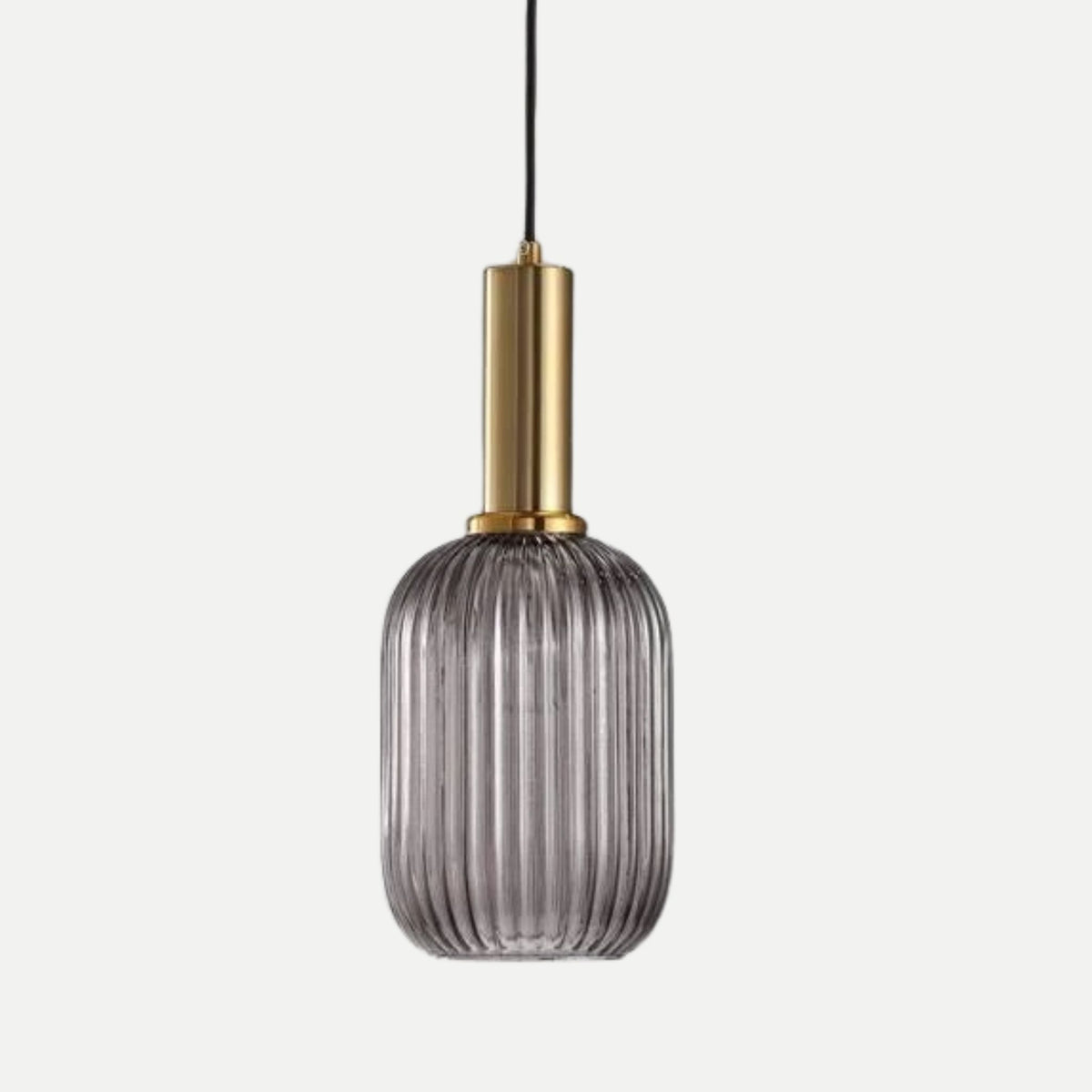 Suspension ELIA cylindrique en verre strié gris fumé avec finition dorée