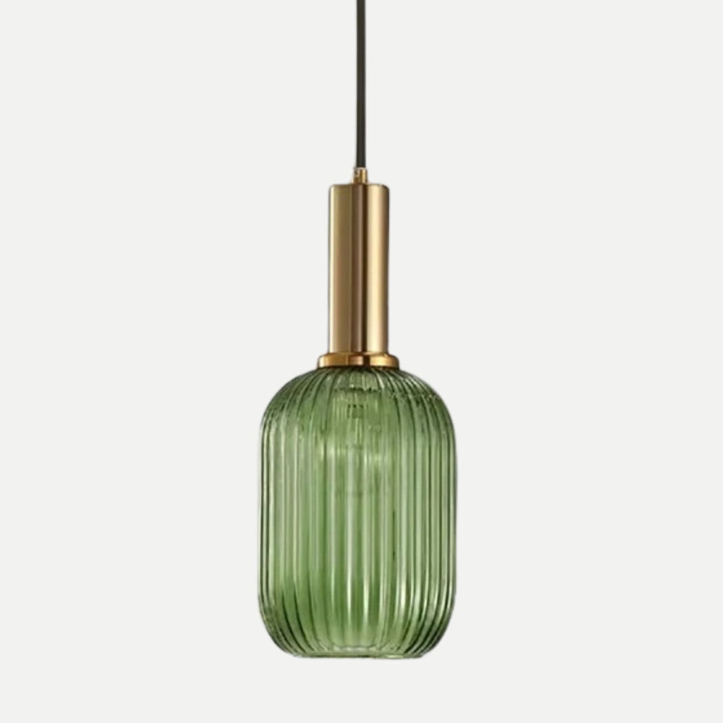 Suspension ELIA cylindrique en verre strié vert avec finition dorée