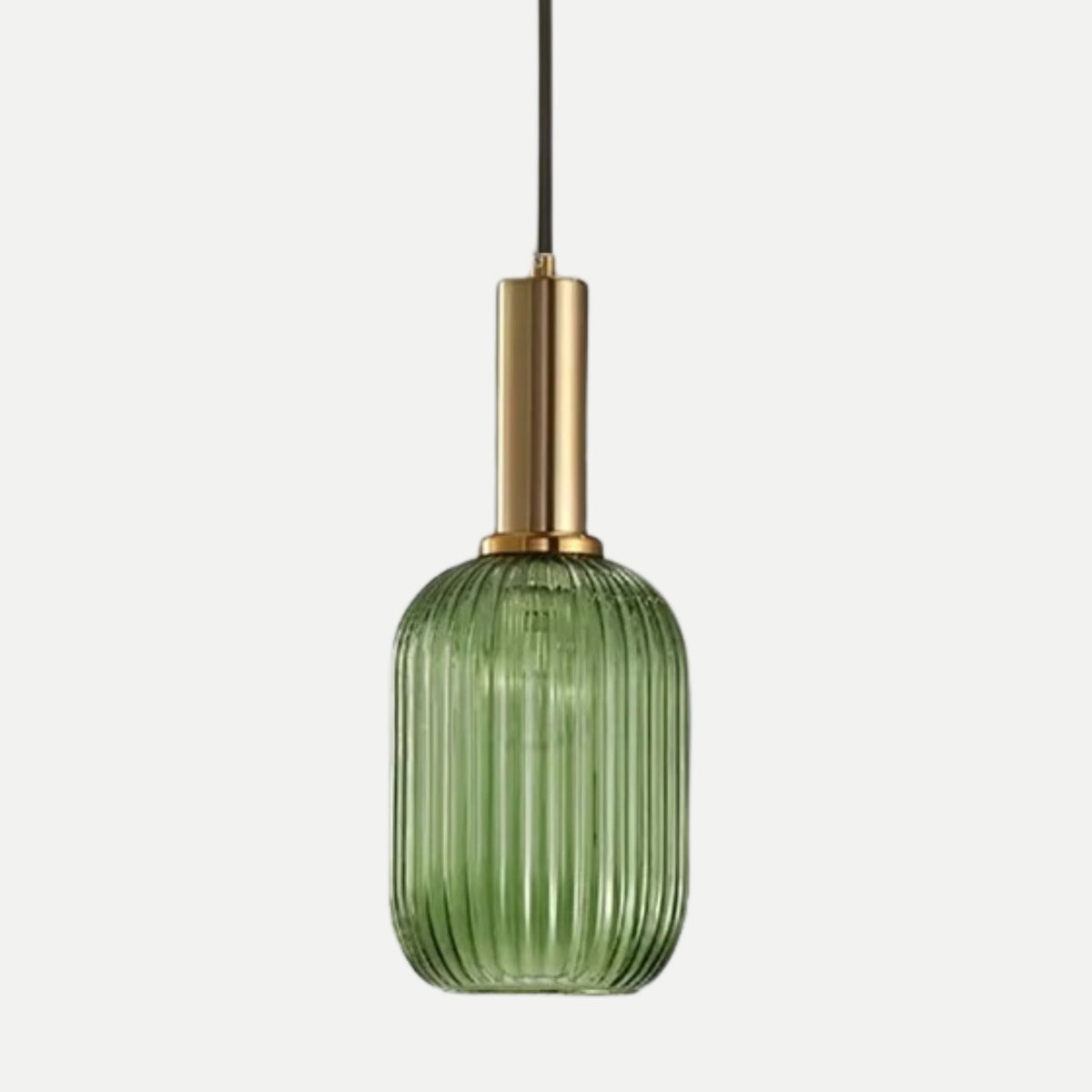 Suspension ELIA cylindrique en verre strié vert avec finition dorée