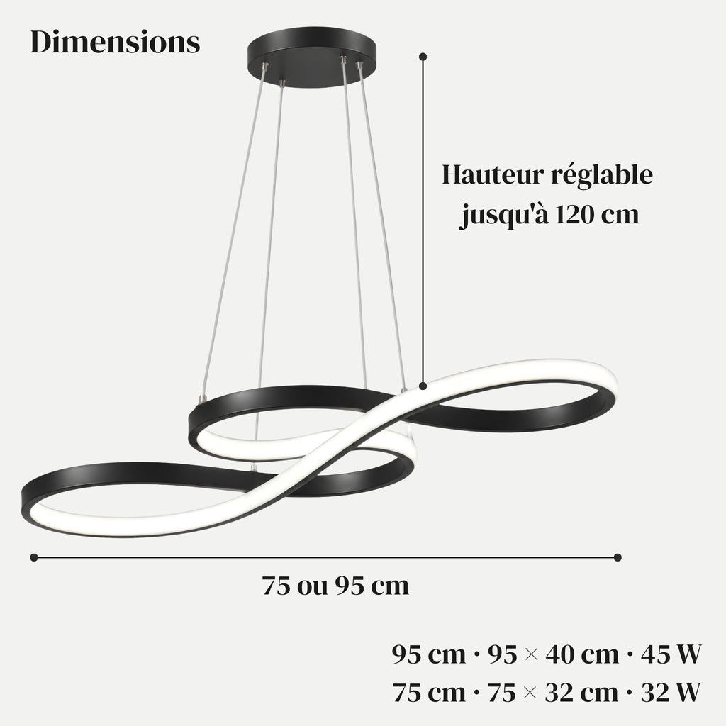Dimensions de la suspension ONDA : 75 × 32 cm ou 95 × 40 cm, hauteur réglable jusqu'à 120 cm
