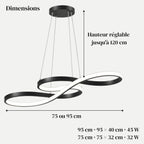 Dimensions de la suspension ONDA : 75 × 32 cm ou 95 × 40 cm, hauteur réglable jusqu'à 120 cm