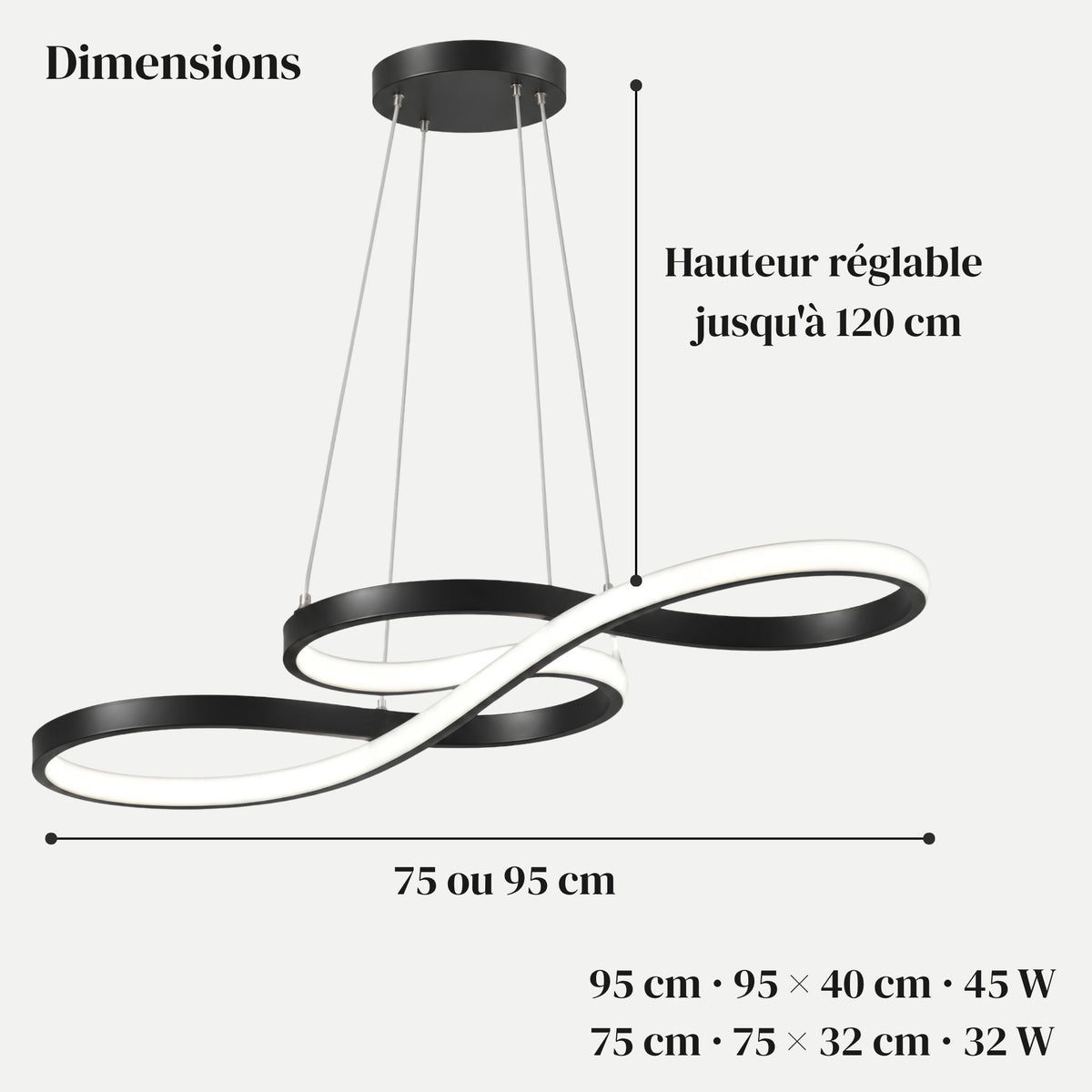 Dimensions de la suspension ONDA : 75 × 32 cm ou 95 × 40 cm, hauteur réglable jusqu'à 120 cm