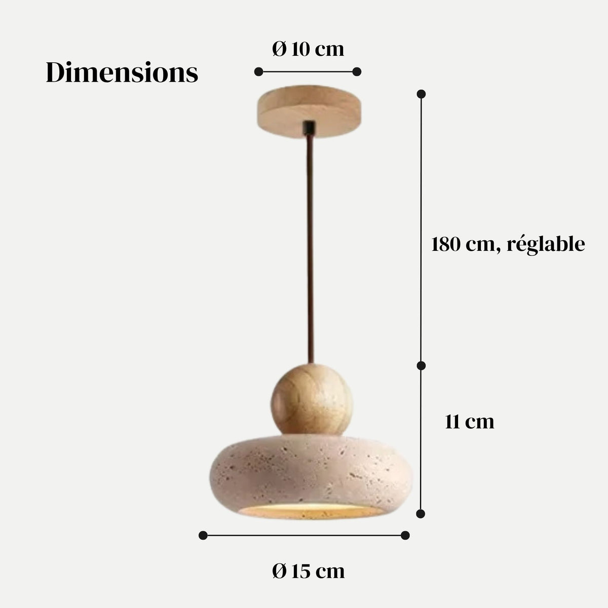 Dimensions de la suspension PETRA bois clair : Ø 15 cm, 11 cm de haut, câble réglable 180 cm, rosace Ø 10 cm
