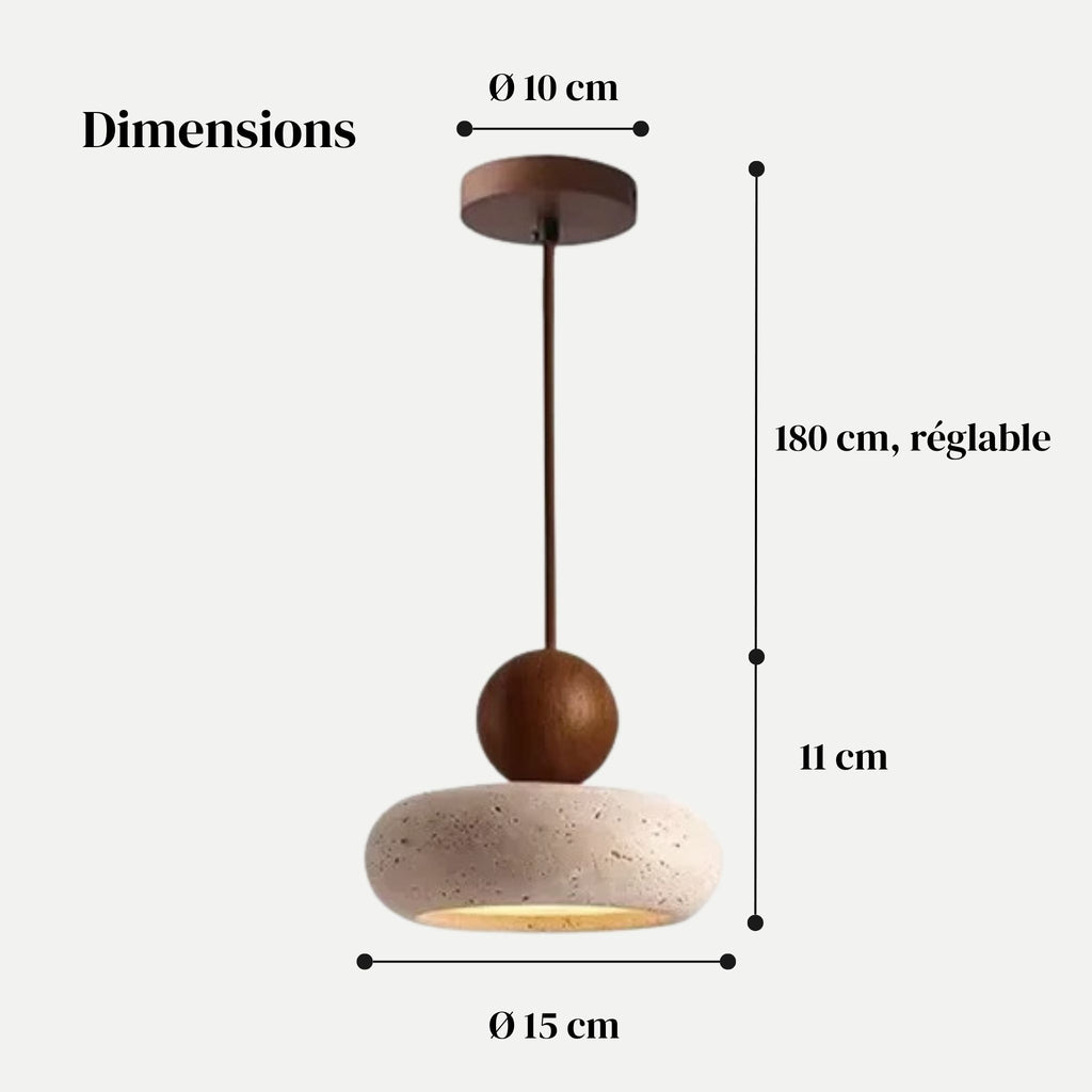 Dimensions de la suspension PETRA noyer : Ø 15 cm, 11 cm de haut, câble réglable 180 cm, rosace Ø 10 cm