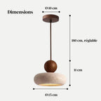 Dimensions de la suspension PETRA noyer : Ø 15 cm, 11 cm de haut, câble réglable 180 cm, rosace Ø 10 cm