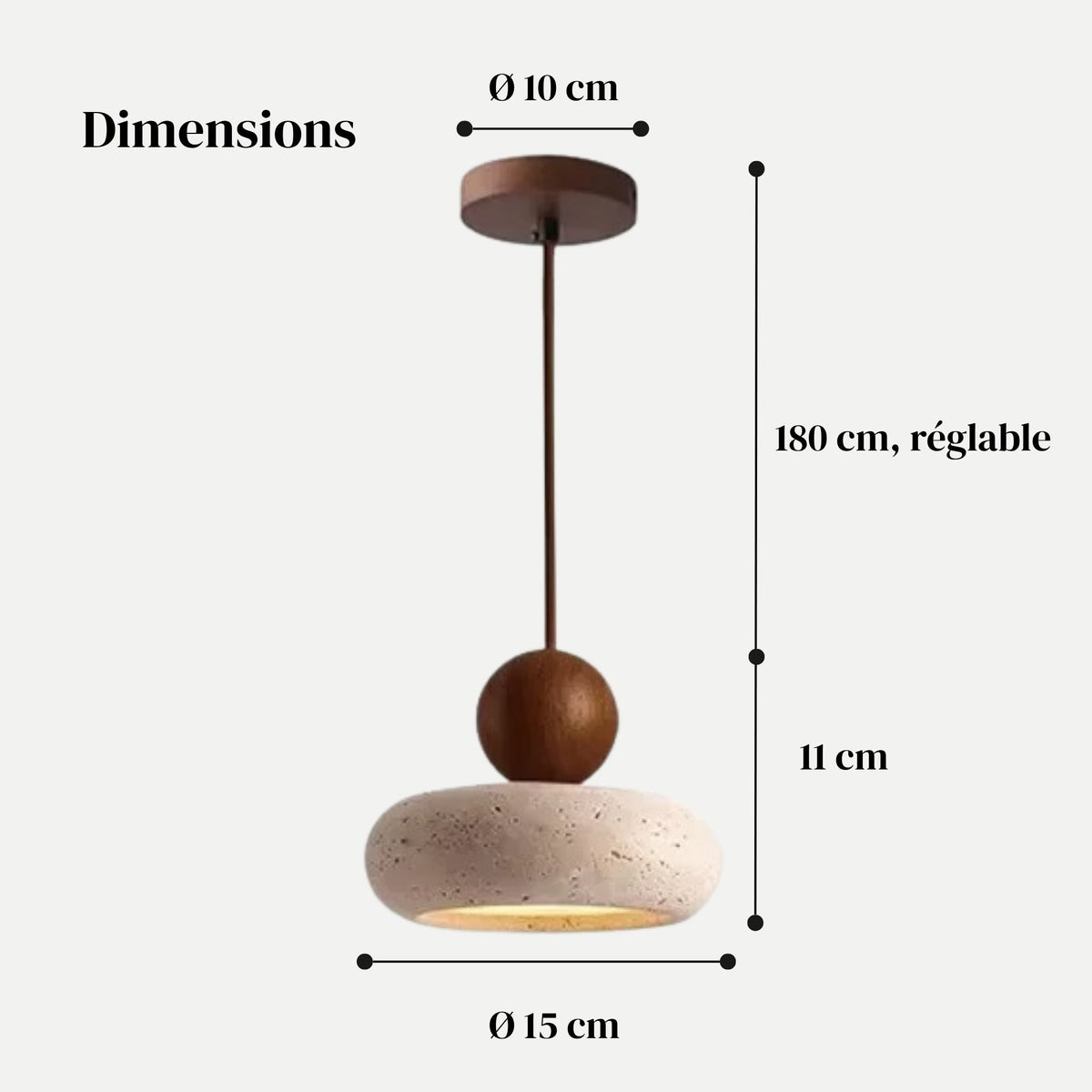 Dimensions de la suspension PETRA noyer : Ø 15 cm, 11 cm de haut, câble réglable 180 cm, rosace Ø 10 cm