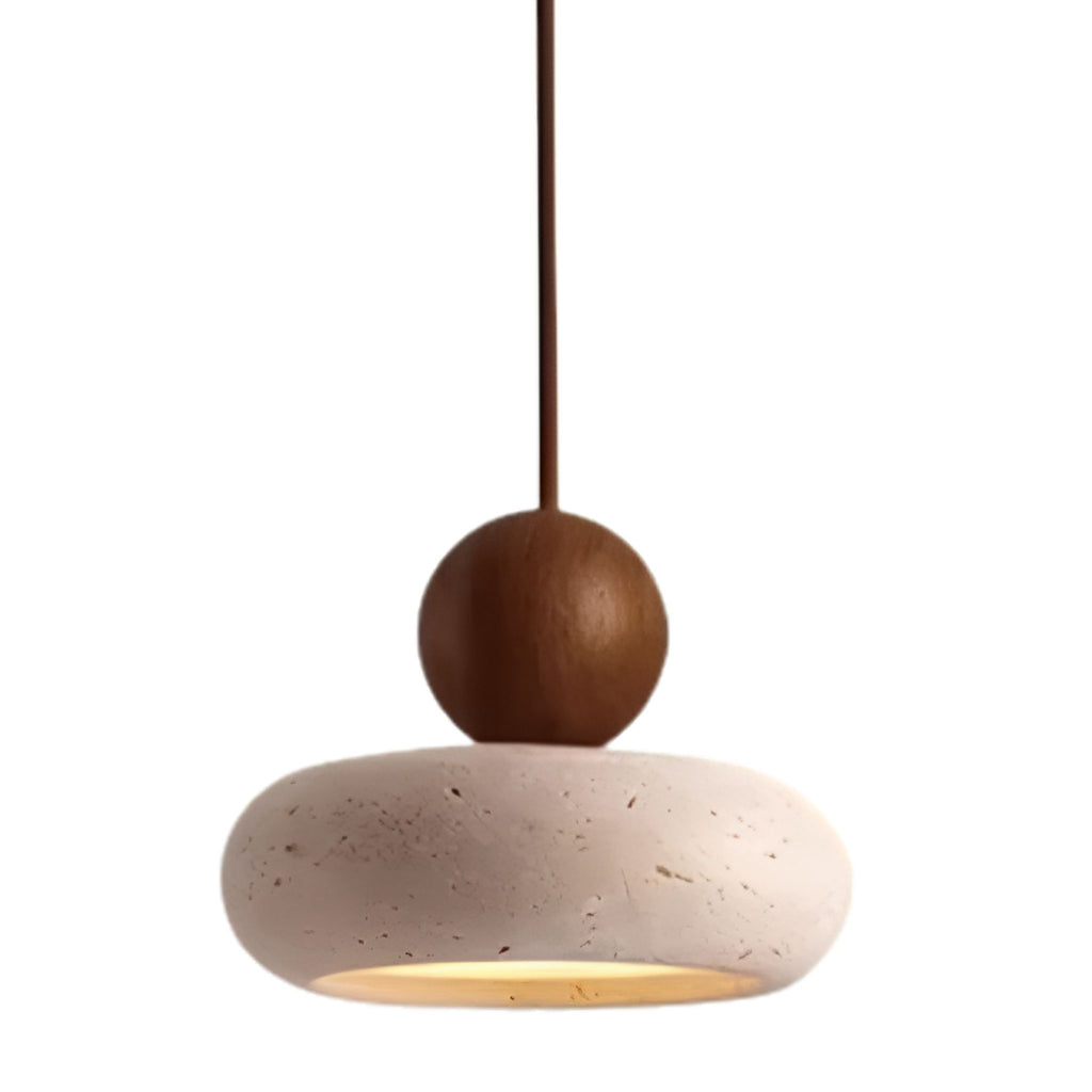 Suspension PETRA avec abat-jour en pierre et sphère en bois noyer