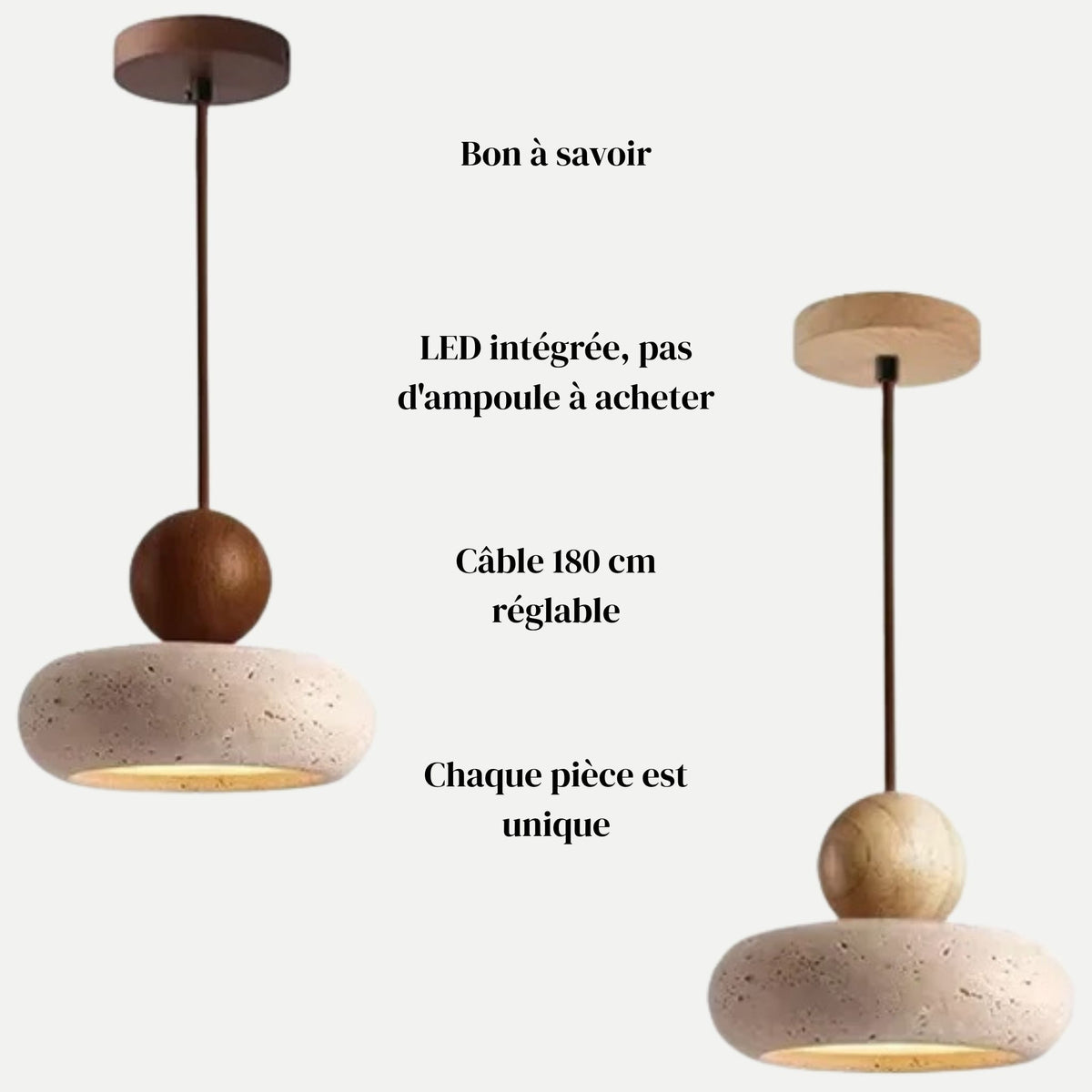 Suspension PETRA en noyer et bois clair : LED intégrée, câble réglable 180 cm, chaque pièce unique
