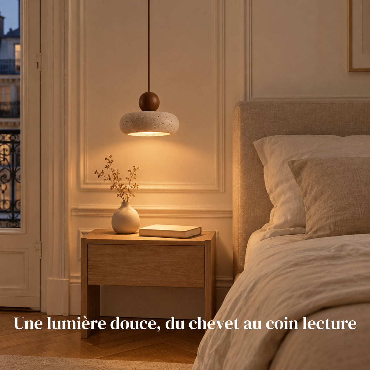 Suspension PETRA noyer allumée au-dessus d'une table de chevet dans une chambre