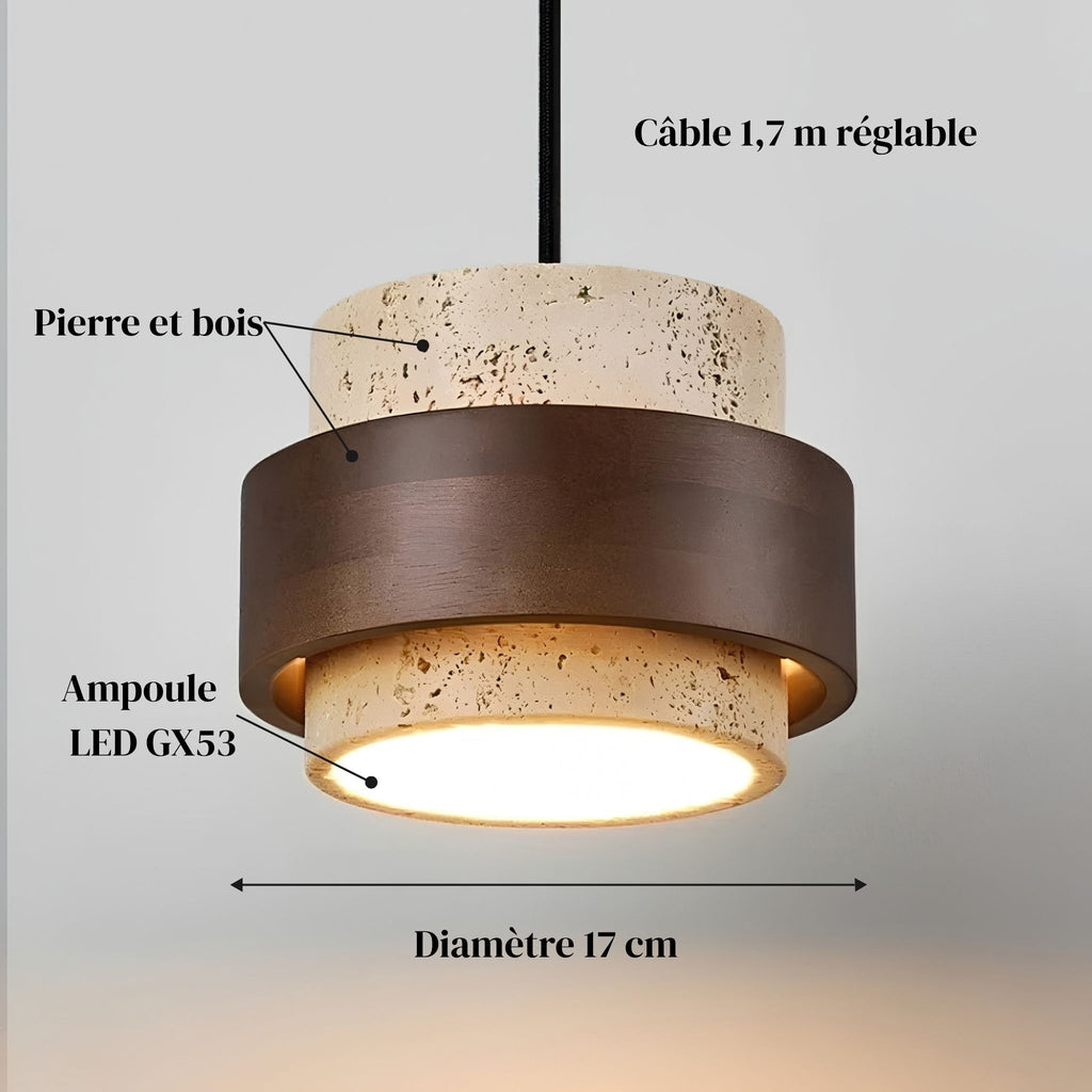 Suspension TERA : pierre et bois, ampoule LED GX53, câble 1,7 m réglable, 17 cm de diamètre