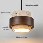 Suspension TERA : pierre et bois, ampoule LED GX53, câble 1,7 m réglable, 17 cm de diamètre