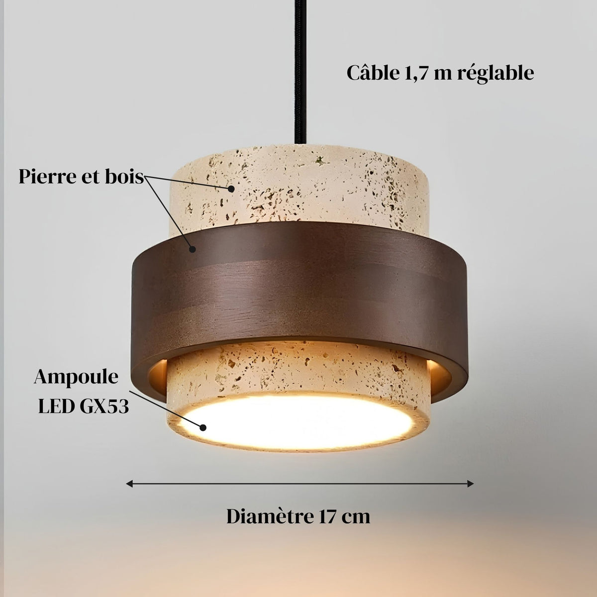 Suspension TERA : pierre et bois, ampoule LED GX53, câble 1,7 m réglable, 17 cm de diamètre