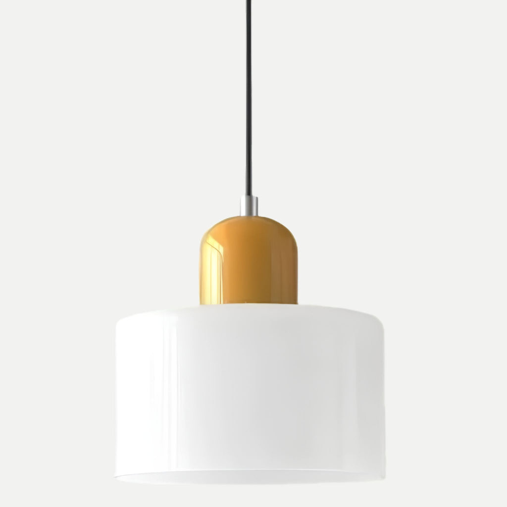 Suspension MIRA bicolore, abat-jour blanc et capuchon moutarde