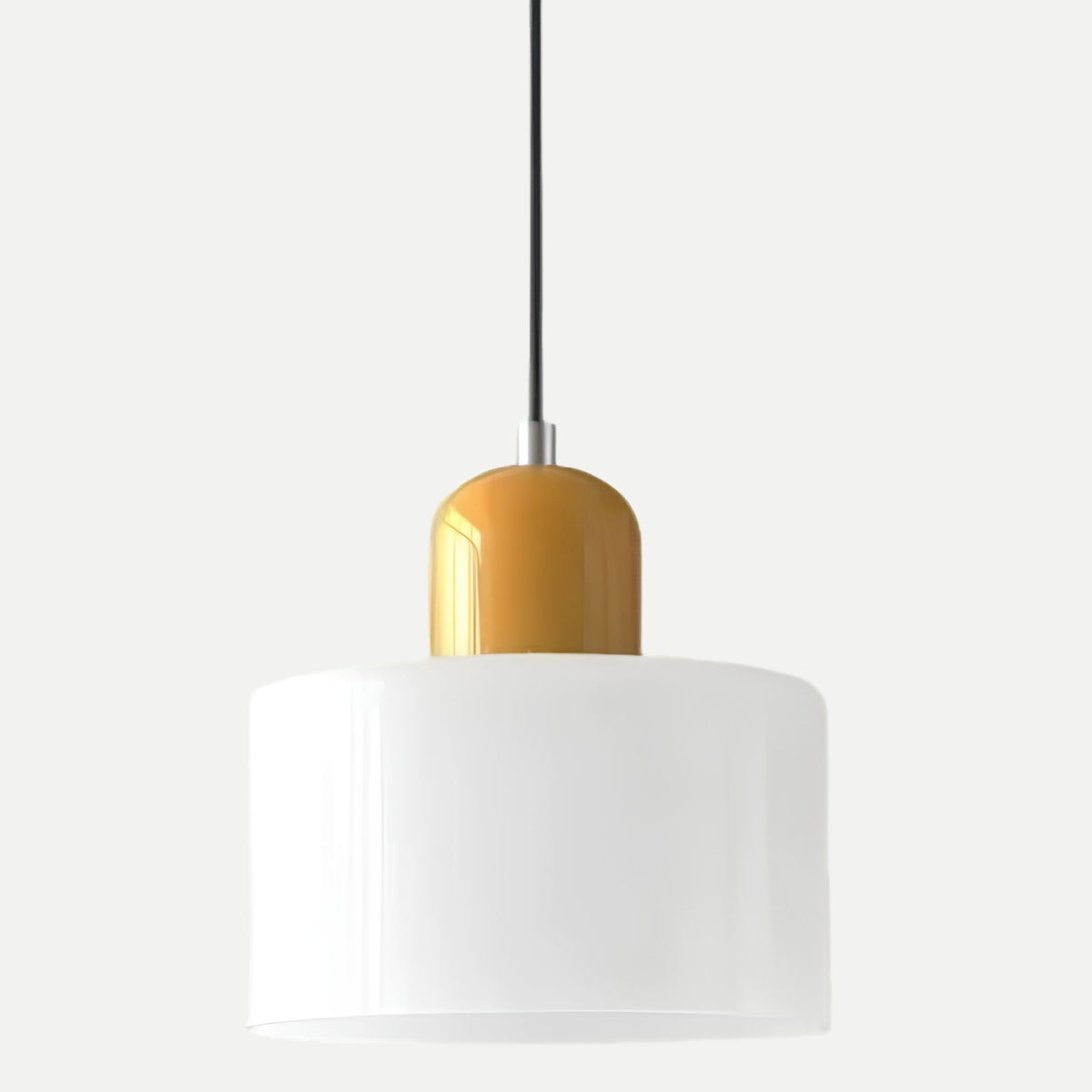 Suspension MIRA bicolore, abat-jour blanc et capuchon moutarde