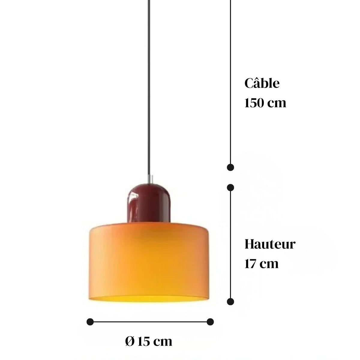 Dimensions de la suspension MIRA : 15 cm de diamètre, 17 cm de haut, câble de 150 cm