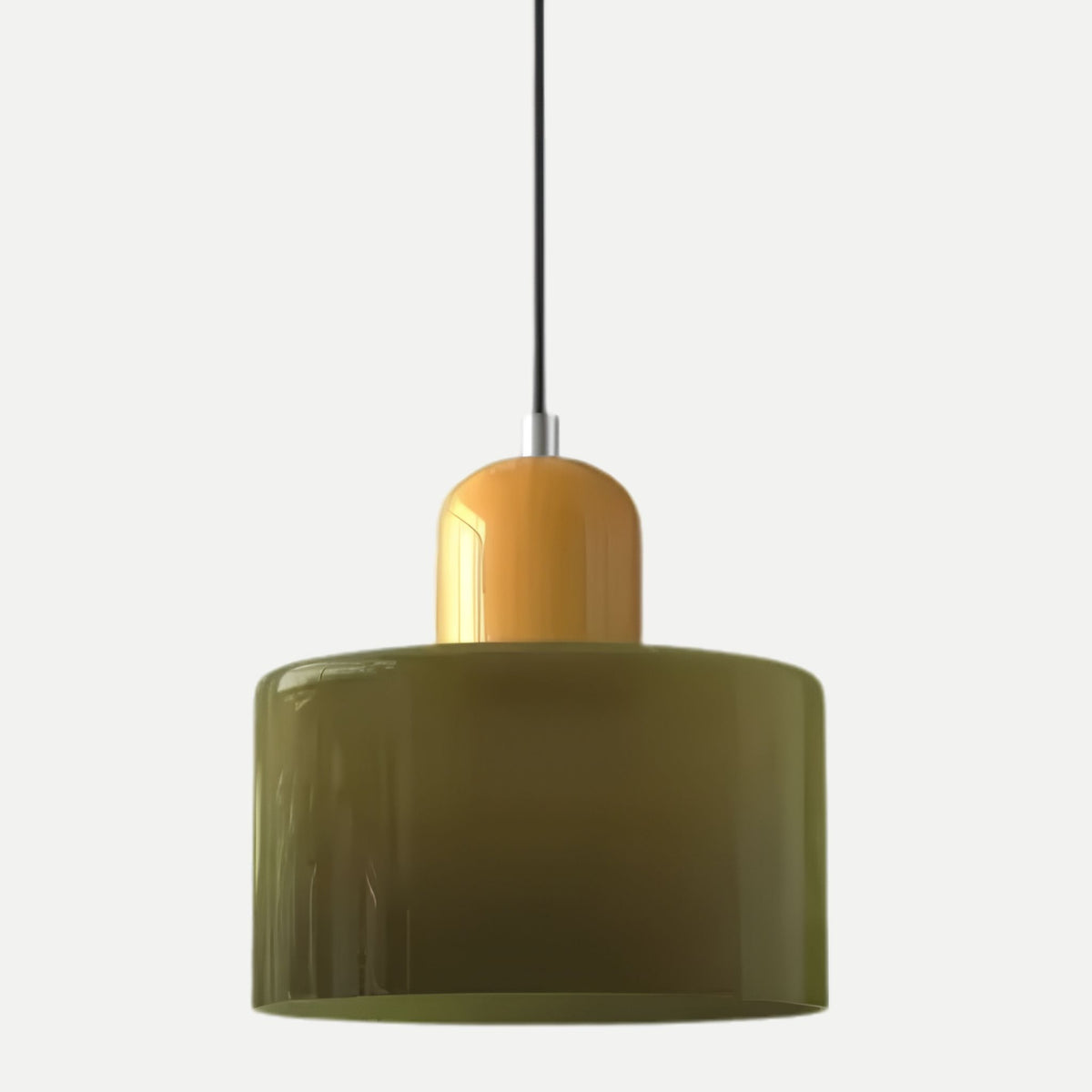 Suspension MIRA bicolore, abat-jour olive et capuchon moutarde