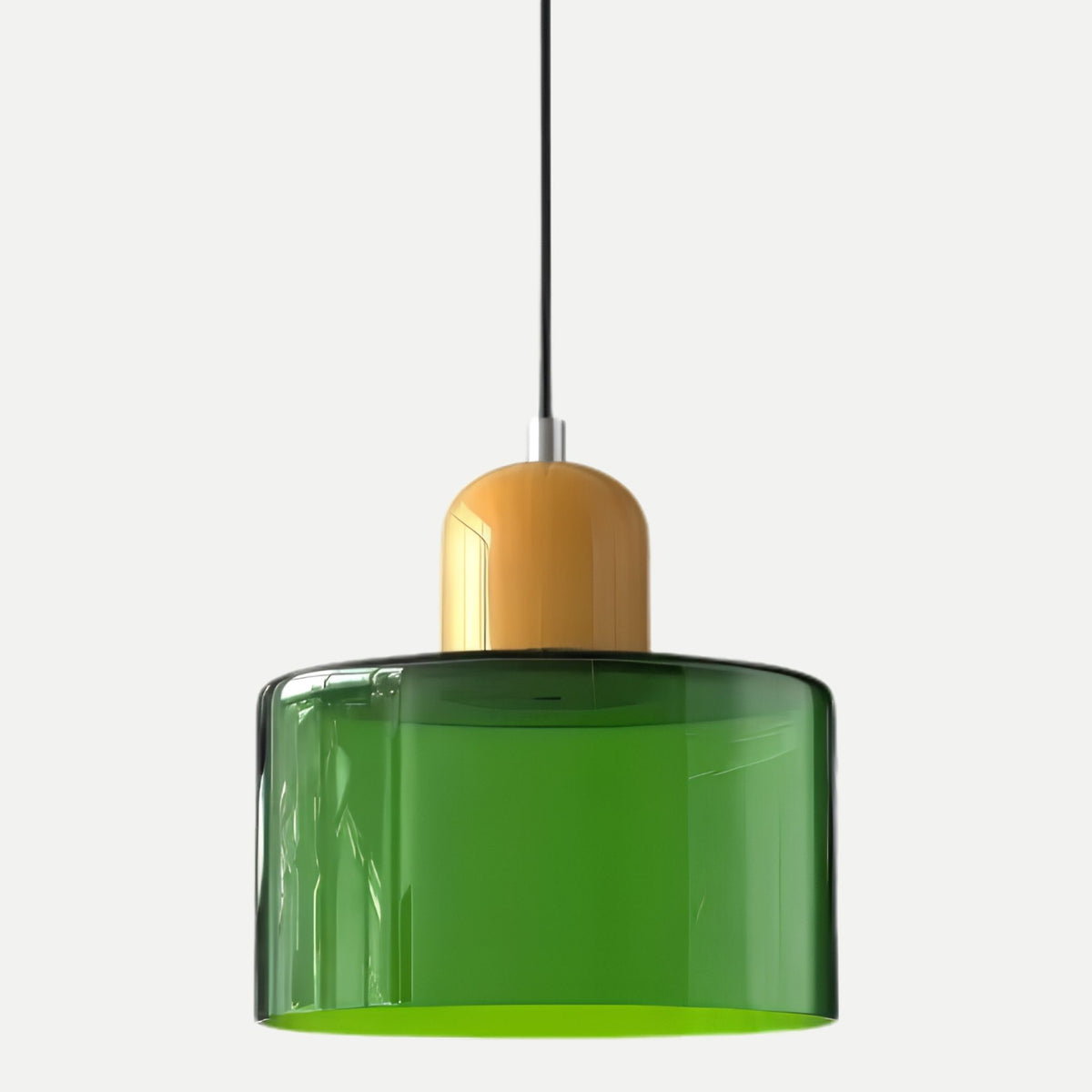 Suspension MIRA bicolore, abat-jour vert bouteille et capuchon moutarde