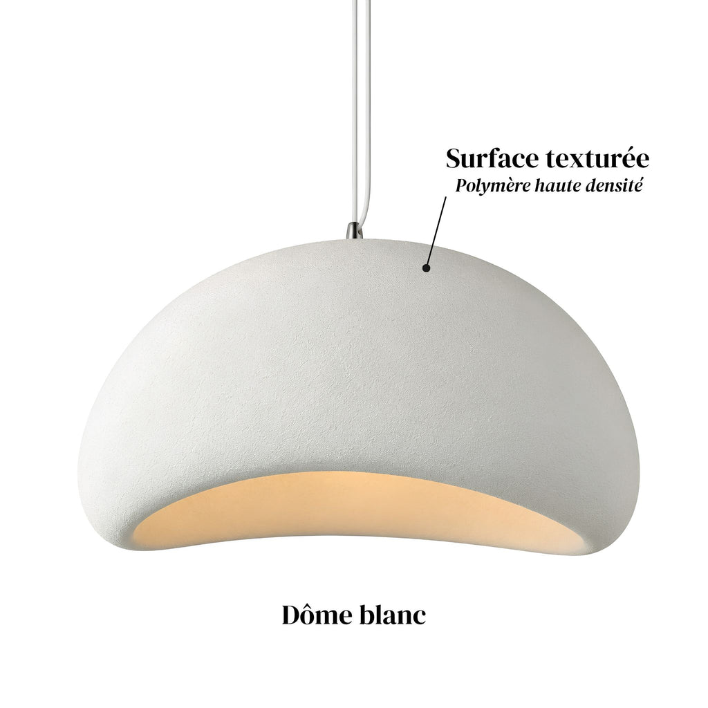 Les 2 formes et 2 coloris de la suspension HANA en polymère haute densité, disponibles en Ø 30, 40, 50 et 60 cm, câble réglable 150 cm