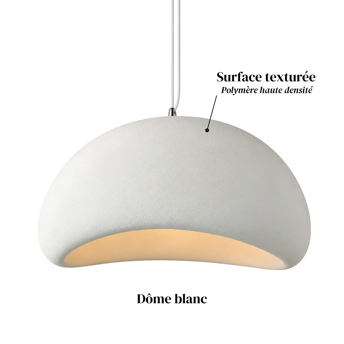 Les 2 formes et 2 coloris de la suspension HANA en polymère haute densité, disponibles en Ø 30, 40, 50 et 60 cm, câble réglable 150 cm