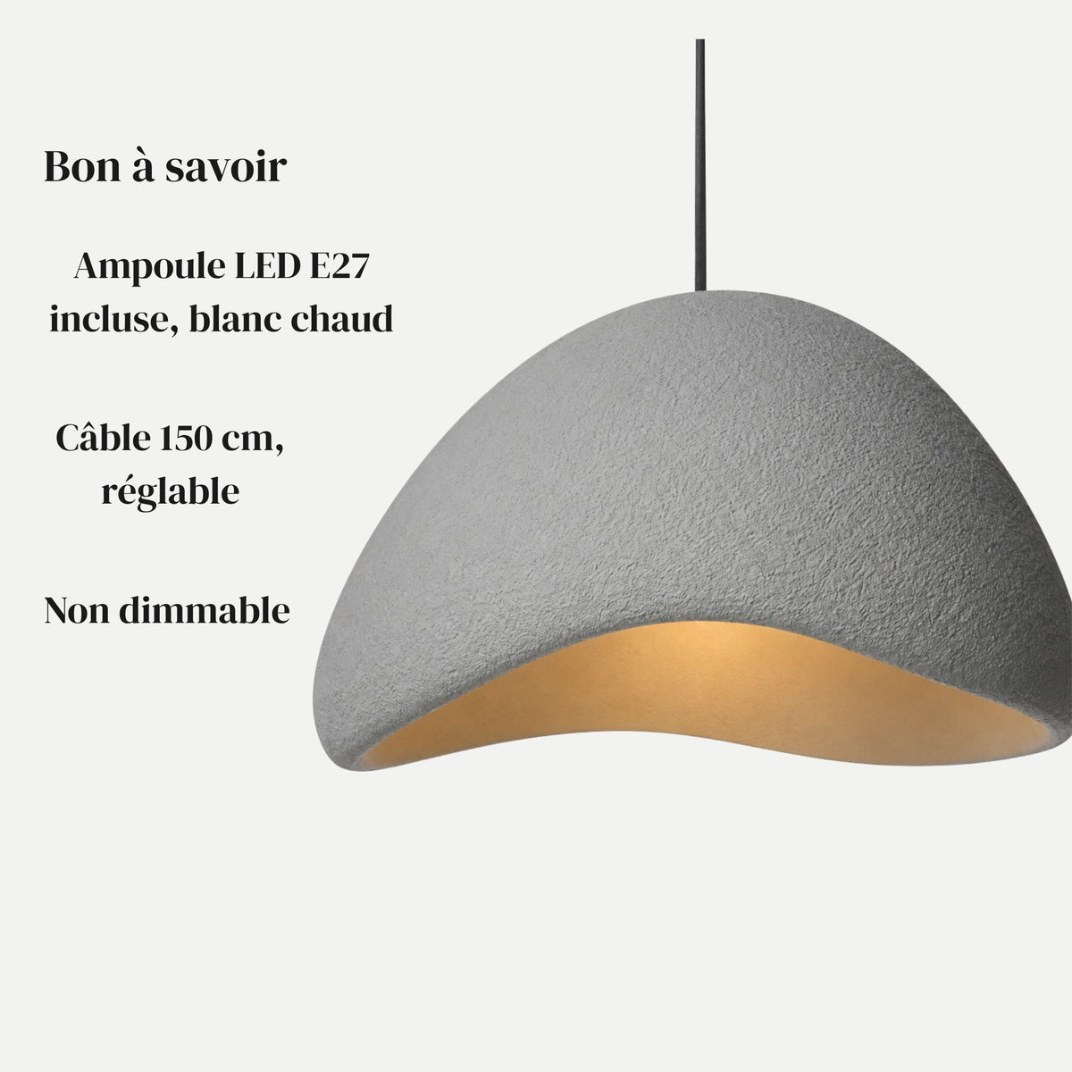 Suspension HANA Dôme grise : ampoule LED E27 incluse, câble réglable 150 cm, garantie 2 ans