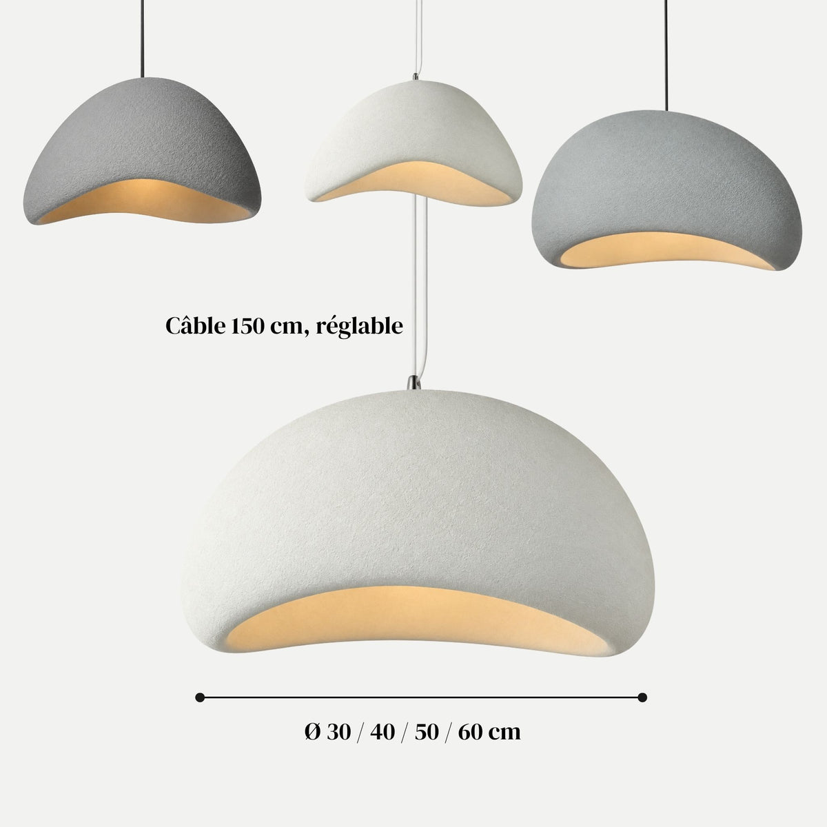 Les 2 formes et 2 coloris de la suspension HANA, disponibles en Ø 30, 40, 50 et 60 cm, câble réglable 150 cm